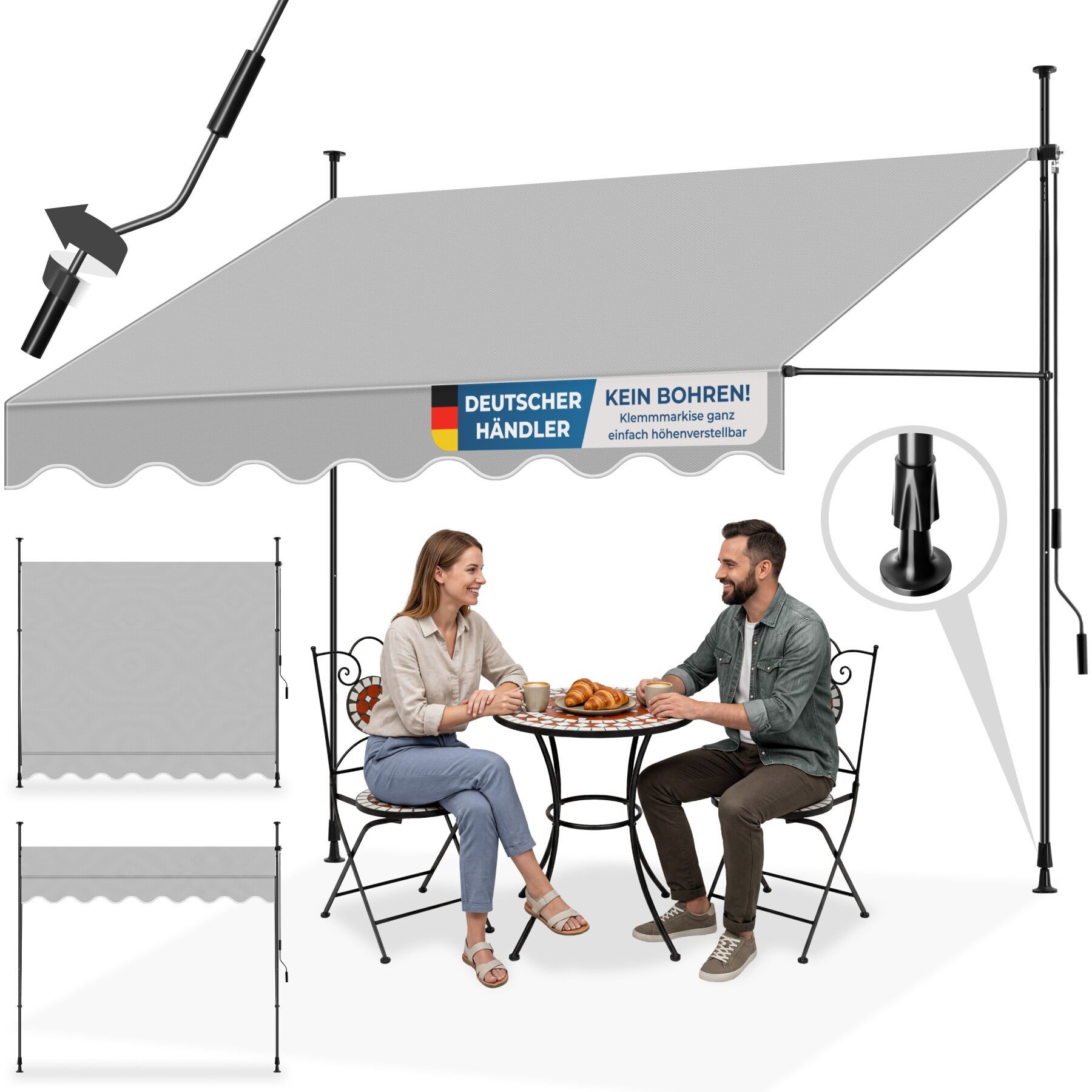 tectake Klemm-Senkrechtmarkise Klemmmarkise - Balkonmarkise mit Handkurbel, UV-beständig (Sichtschutz/Sonnenschutz für Terrasse und Garten, in hellgrau) 180 x 250 x 304 cm, höhenverstellbar 211 - 304 cm, wasserabweisend