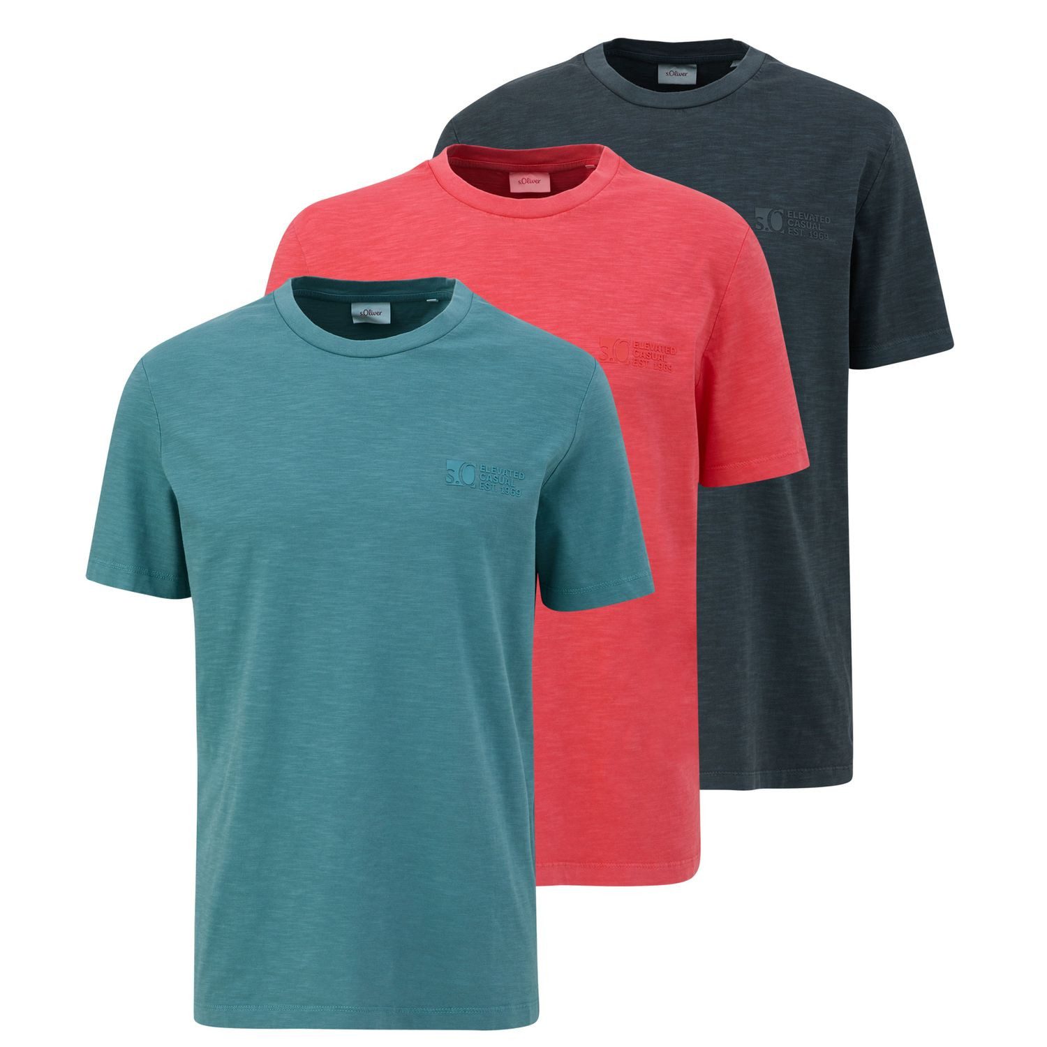 s.Oliver T-Shirt Jerseyshirt (3-tlg) Rundhals, kurzarm, Flammgarn, Logo, im 3er Pack