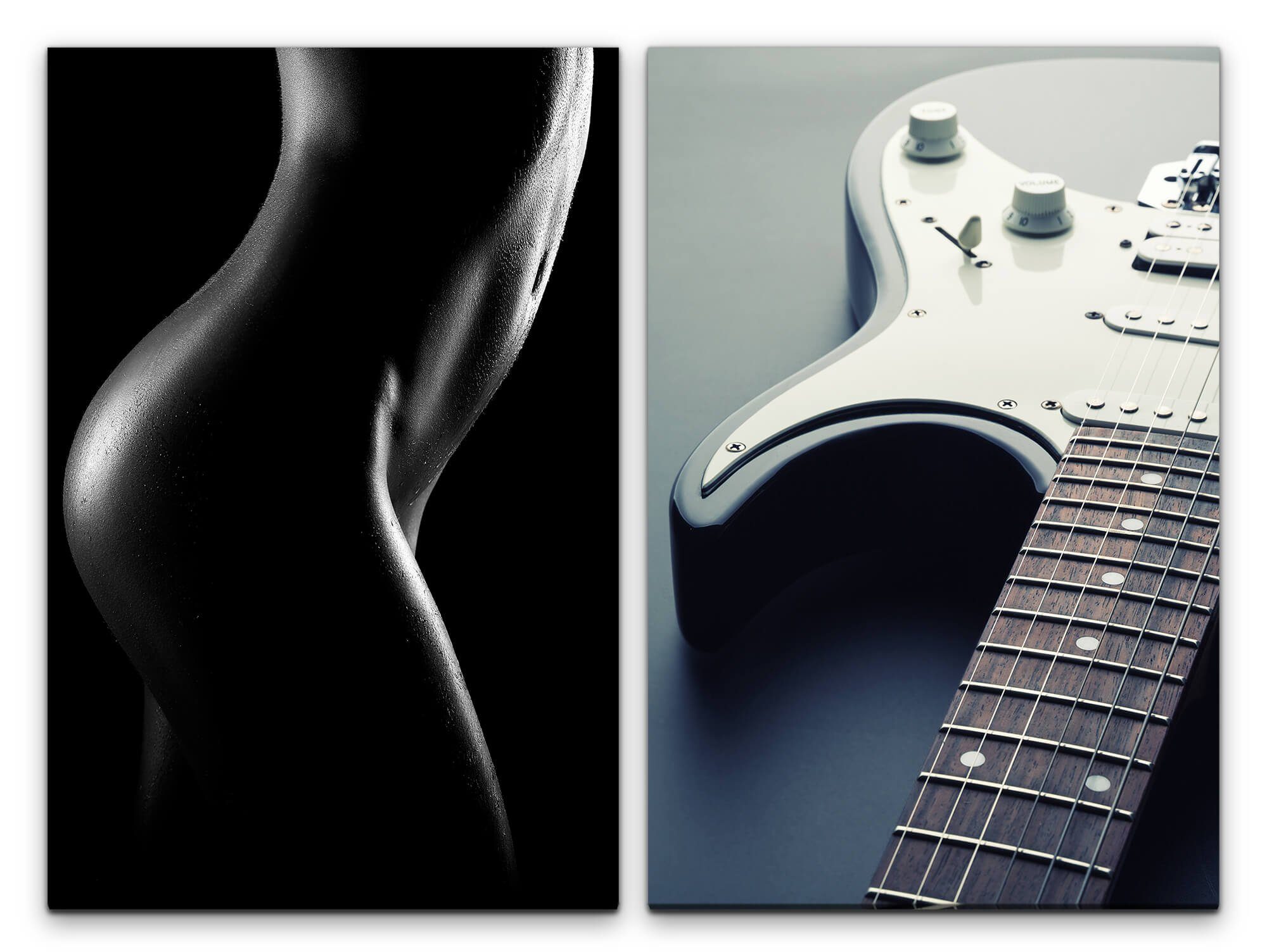 Sinus Art Leinwandbild 2 Bilder je 60x90cm Akt Frau Sexy E-Gitarre Musik Schwarz Weiß