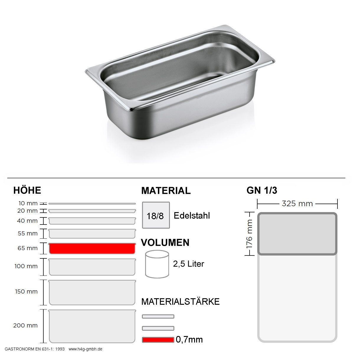 WAS Thermobehälter Gastronorm Behälter GN 1/3 - 65mm - GN90 - 18/8 Edelstahl - 0,7mm
