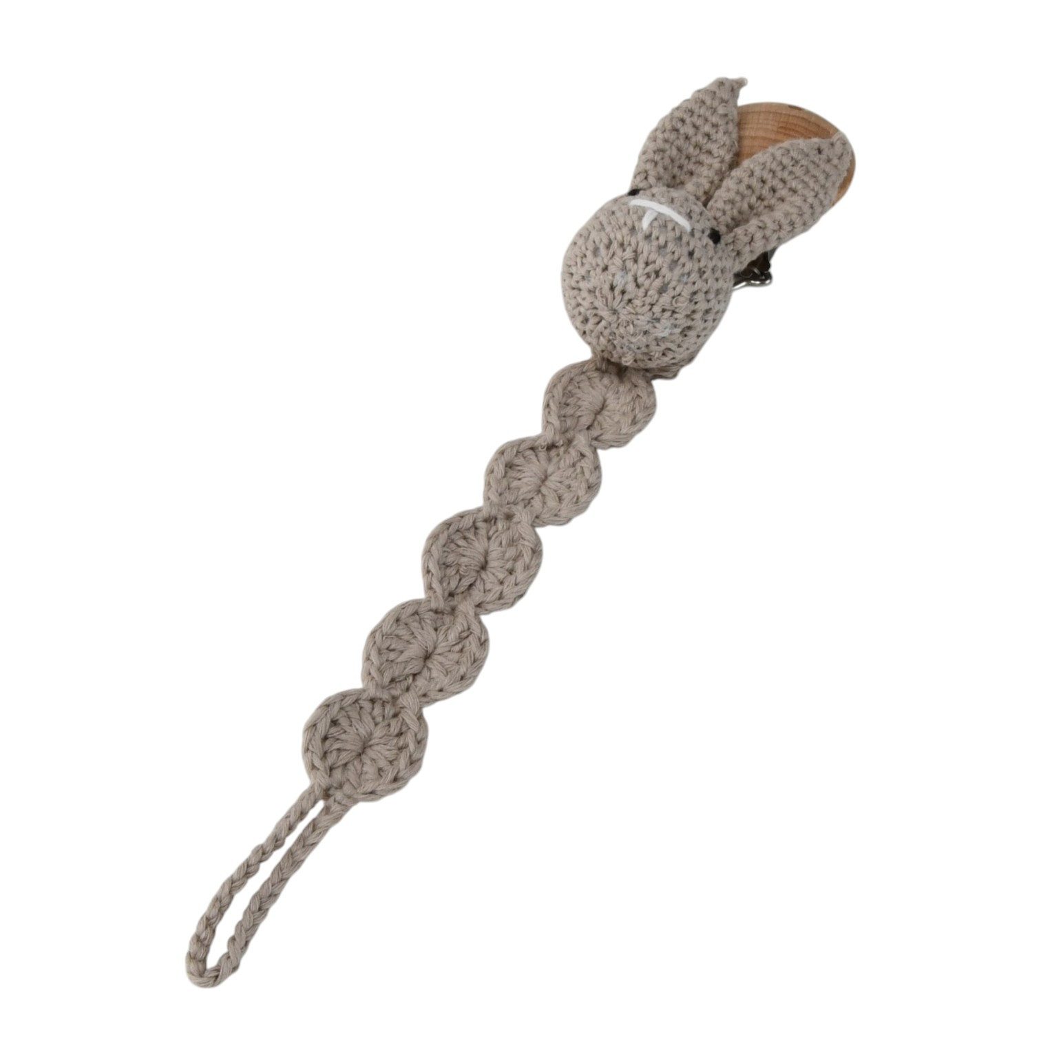 Zayno Schnullerbefestigung Handgemachte Schnullerkette "Hasi" in Grau, (Packung, 1-tlg., Ermuntert, den Schnuller eigenständig zu greifen), Beeindruckt mit einem zeitlosen Design