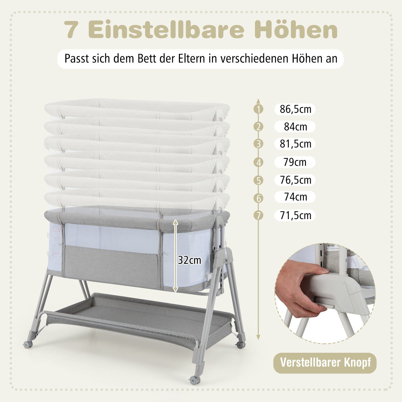COSTWAY Beistellbett 2 in 1 Reisebett, 7-stufig höhenverstellbar