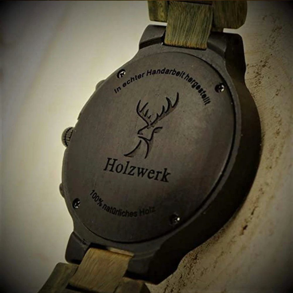 Holzwerk Chronograph BALINGEN Herren Holz Armband Uhr mit Datum in oliv grün, schwarz, (Inklusive Armbandkürzer), Holz Unikate, ideal auch als Geschenk, Hochwertiges Quarzwerk