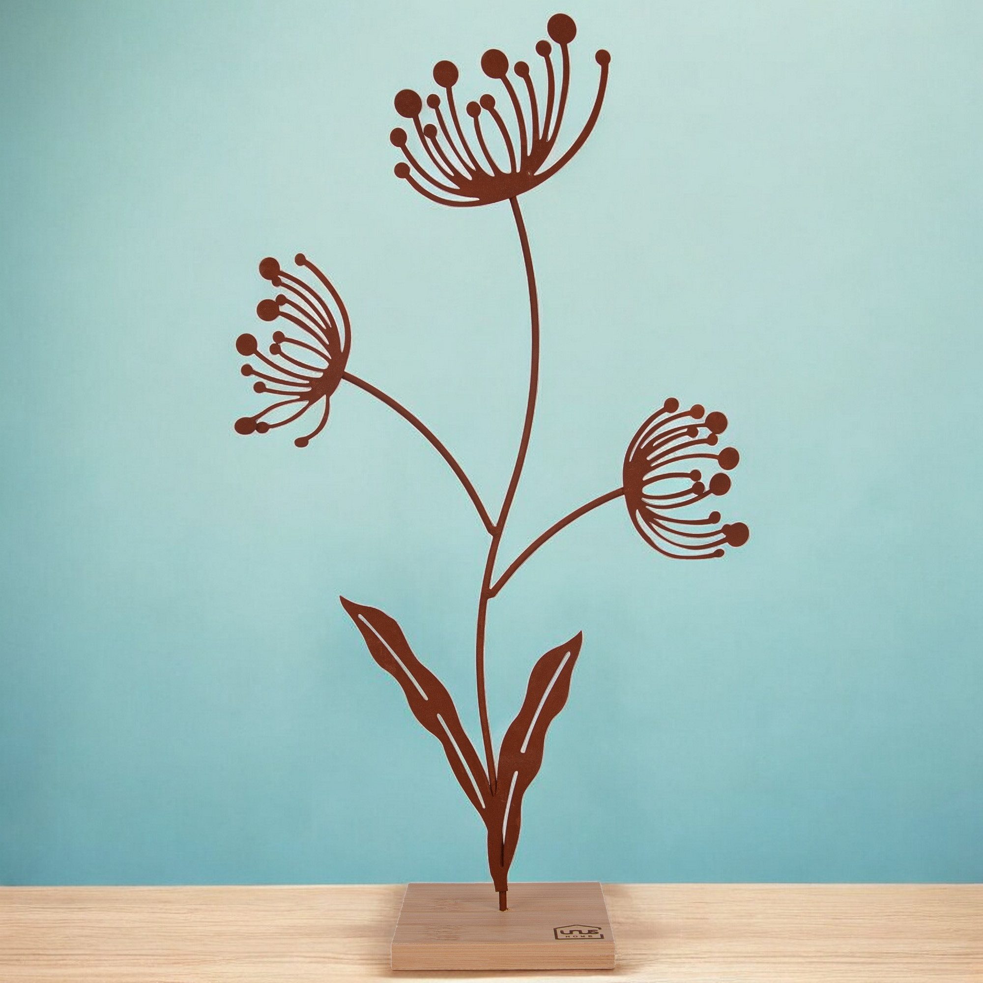 UNUS HOME Dekofigur Aufsteller Deko-Blume (groß, Rost), Blumen-Silhouette aus Metall und Bambus-Holz Wohndekoration – Bild 3 von 4