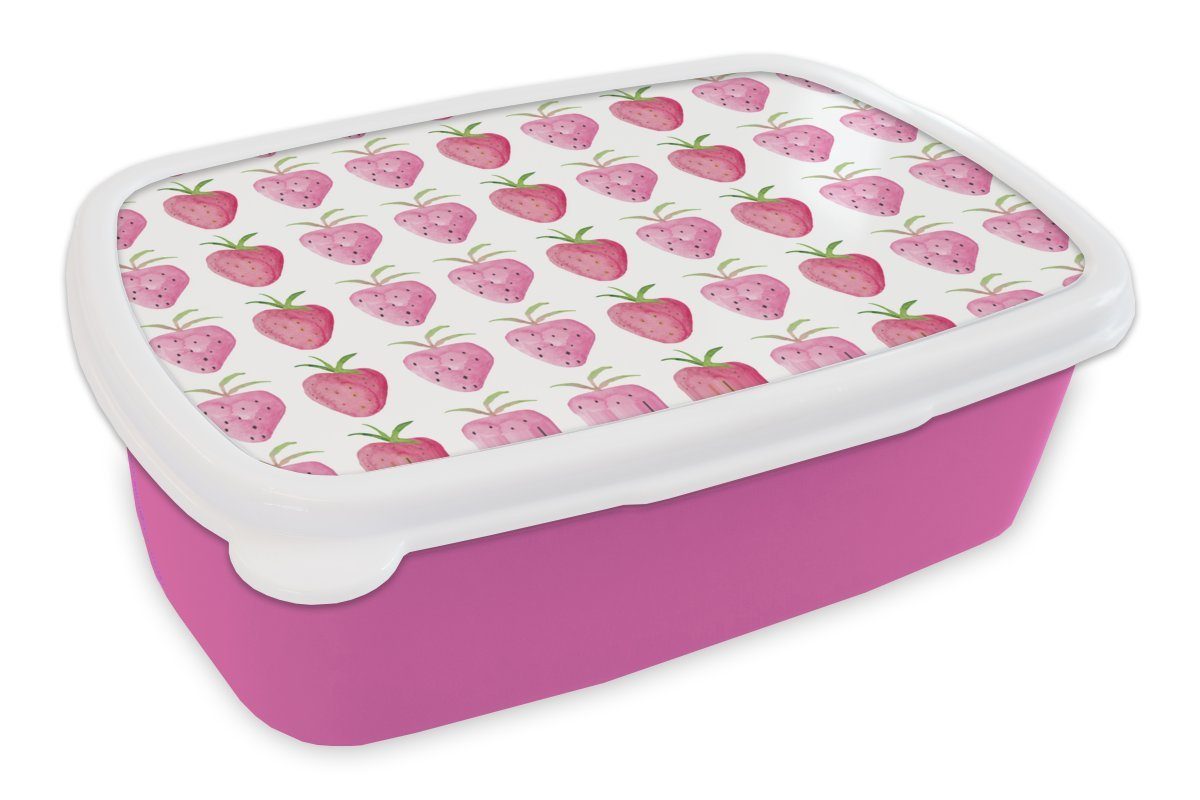 MuchoWow Lunchbox Erdbeere - Aquarell - Design, Kunststoff, (2-tlg), Brotbox für Erwachsene, Brotdose Kinder, Snackbox, Mädchen, Kunststoff rosa