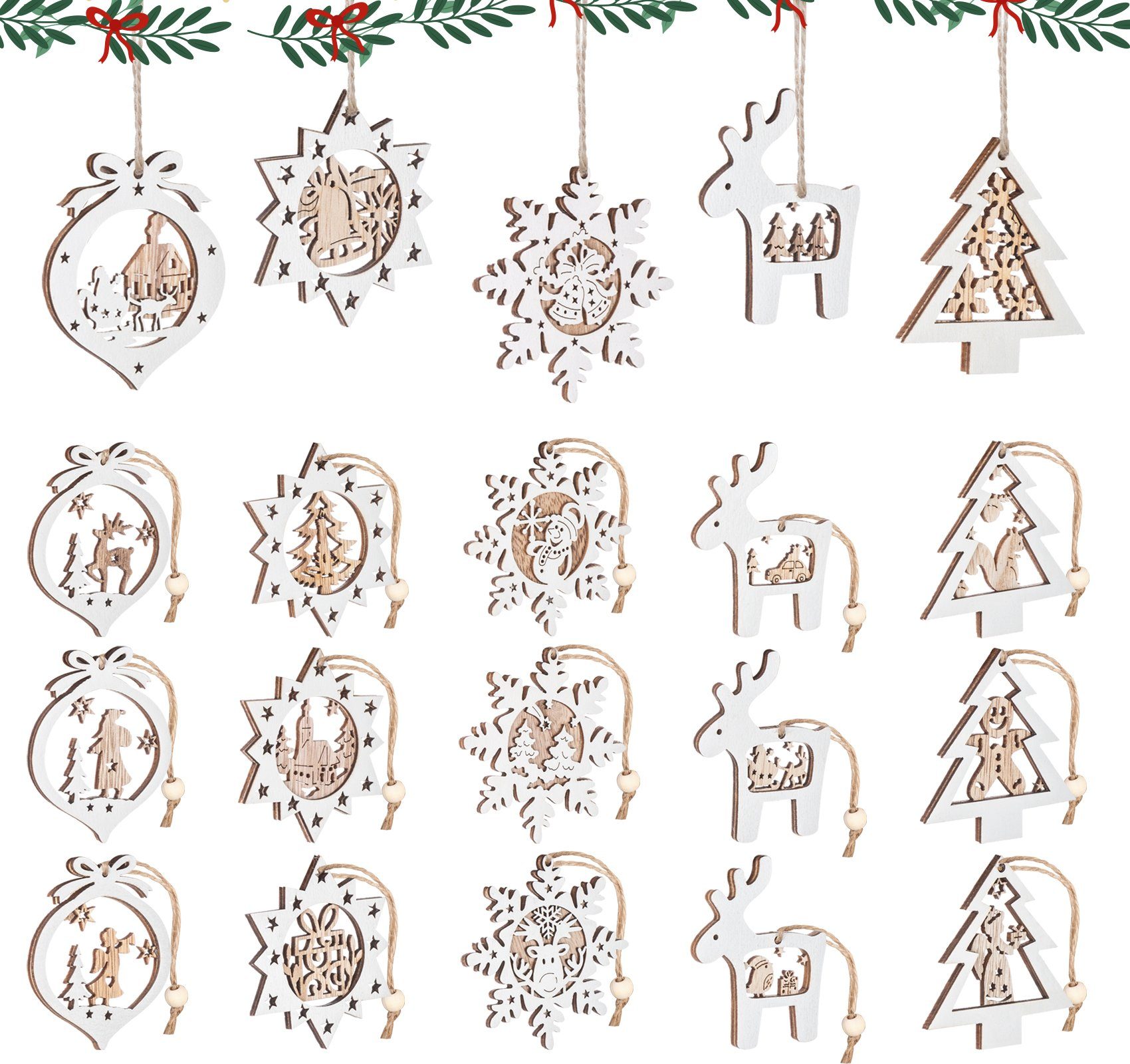 Christbaumschmuck für Christbaumanhänger Juteseil Anhänger Homewit Weihnachtsbaum mit (20-tlg), Holz & Dekoration Weihnachtsanhänger