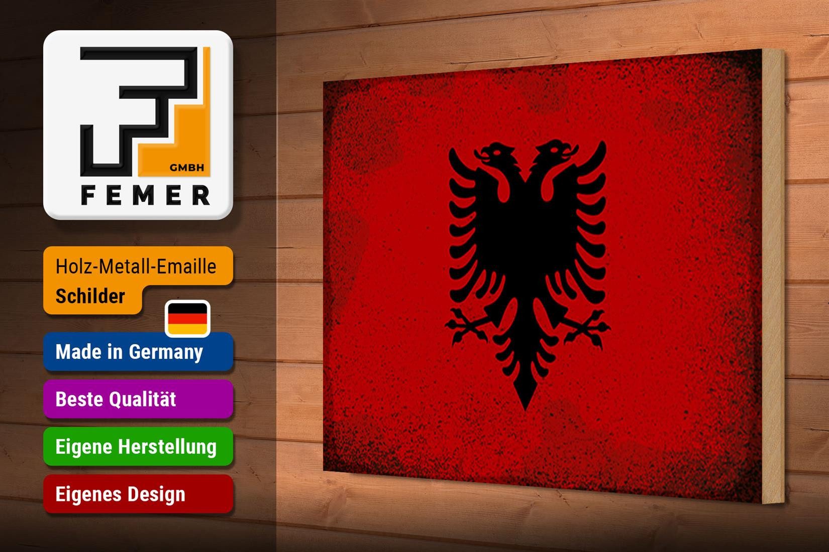 Femer GmbH Holzbild Flagge Albanien 30x20cm Flag Albania Vintage, Flaggen (1 St), Glatte Holzfaserplatte (MDF), vorn beschichtet