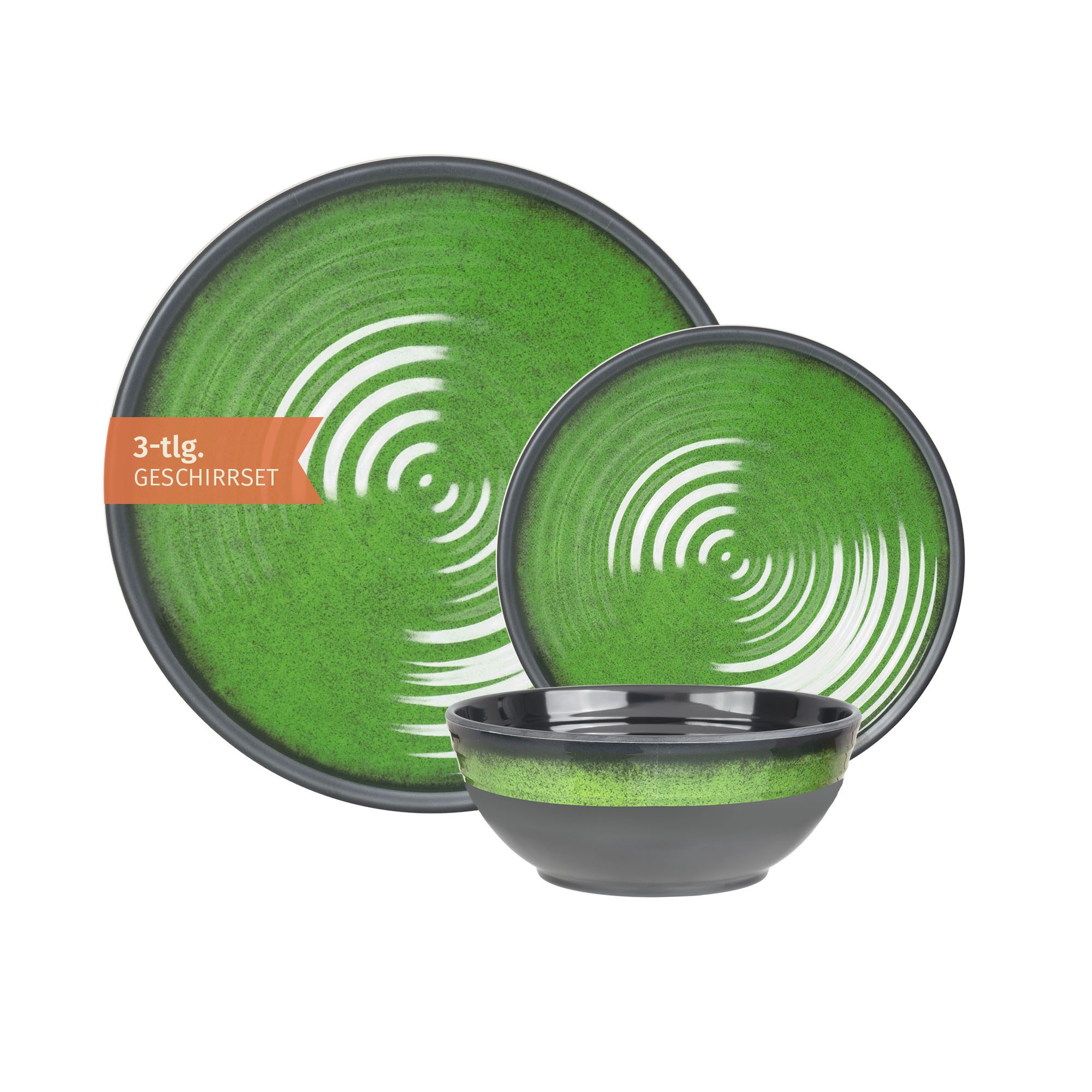 Moritz Geschirr-Set Camping Geschirr Stone Green 3-teilig, Melamin, 3 tlg, Geschirrset Campinggeschirr Picknick Geschirr Bootsgeschirr