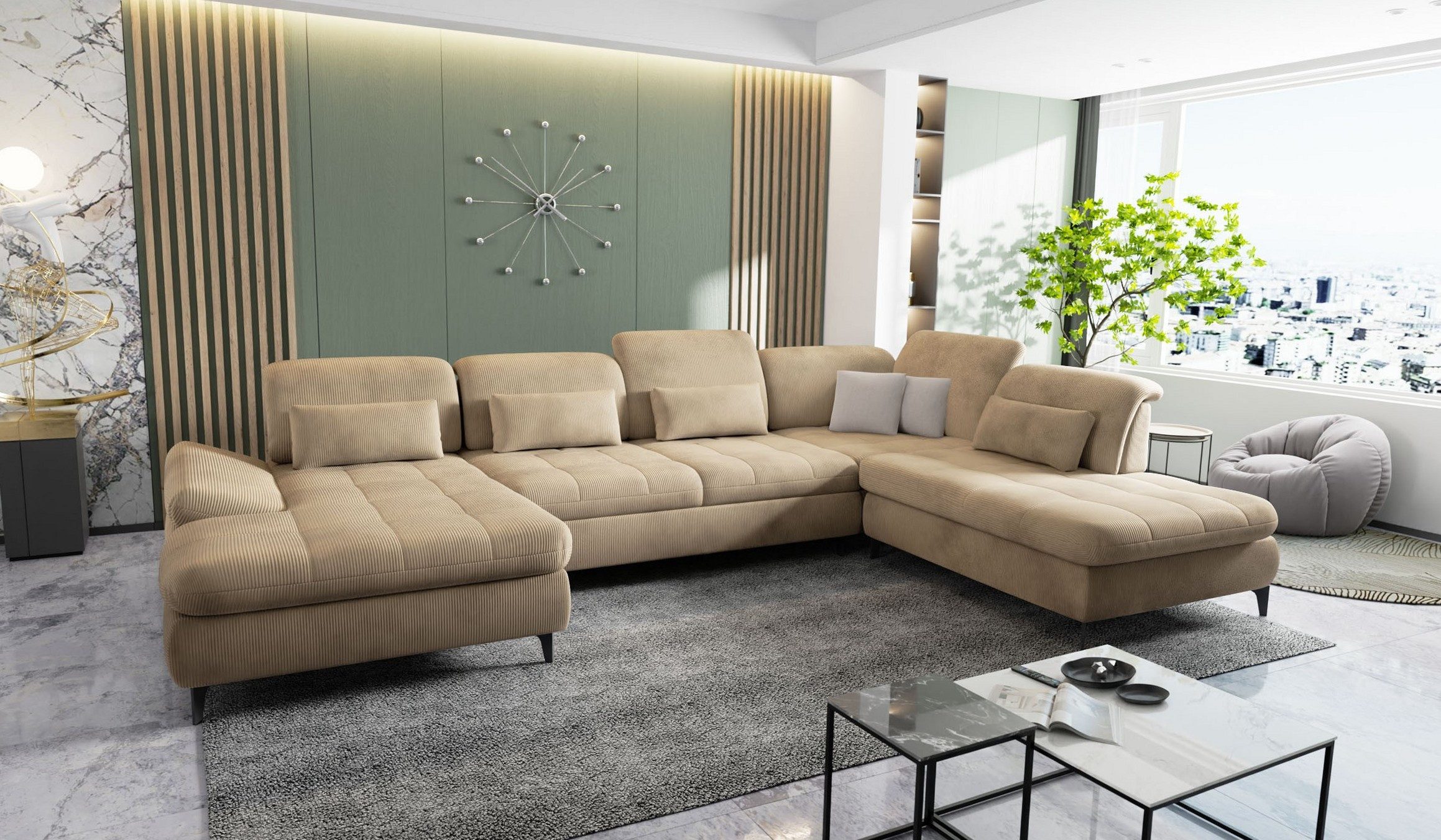 Hygger Möbelhaus Wohnlandschaft Nola U-Form XXL in Cord, mit Schlaffunktion und 2 Bettkästen, Eckcouch B × T₁ / T₂: 370 × 170/230 cm, inkl. Sitztiefenverstellung, Kopfteilverstellung, Armteilverstellung