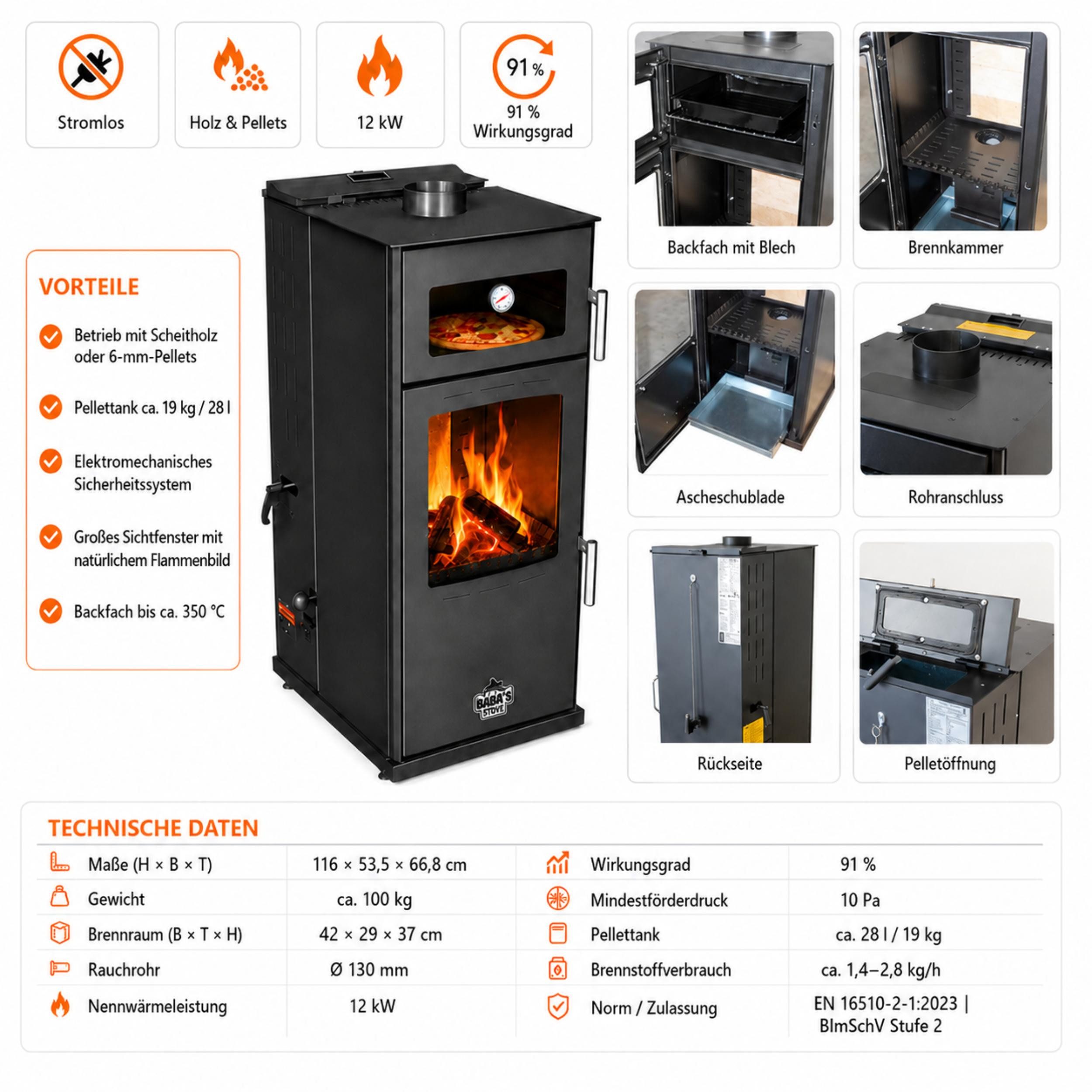 Baba's Kaminofen Gold Hybridofen Pellets und Holz Kombiofen Kaminofen mit Backfach, 12 kW, Dauerbrand, Dauerbrandofen, Schwarz Holzofen Holz Ofen Kamin