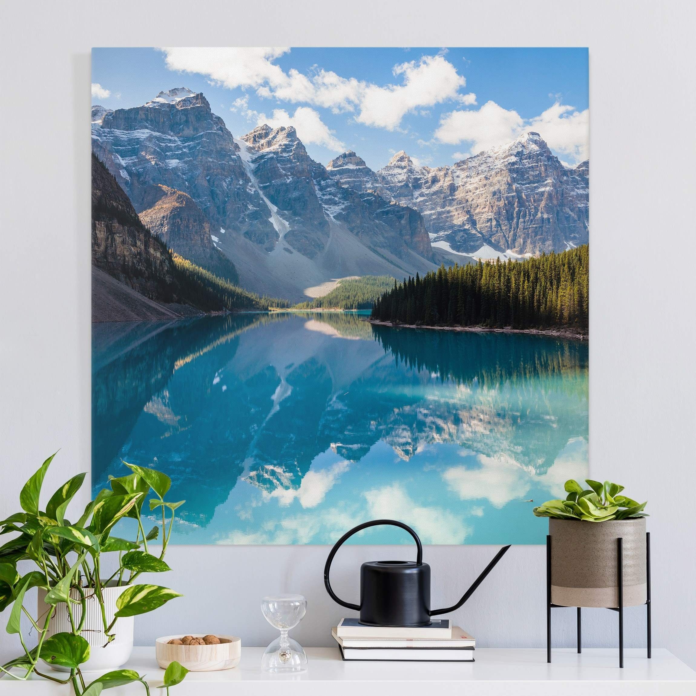 auf Leinwandbild Kunstdruck Größen Leinwanddruck Leinwand; in auf Bild Bilderdepot24 blau Kristallklarer Leinwand XXL, vielen Bild grün Bergsee