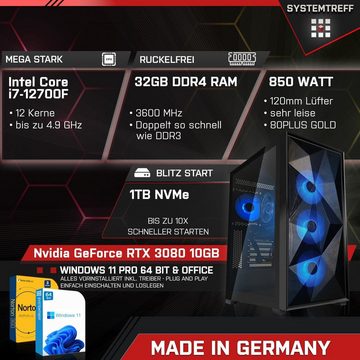 SYSTEMTREFF Gaming-PC (Intel Core i7 12700F, GeForce RTX 3080, 32 GB RAM, 1000 GB SSD, Luftkühlung, Windows 11, WLAN)