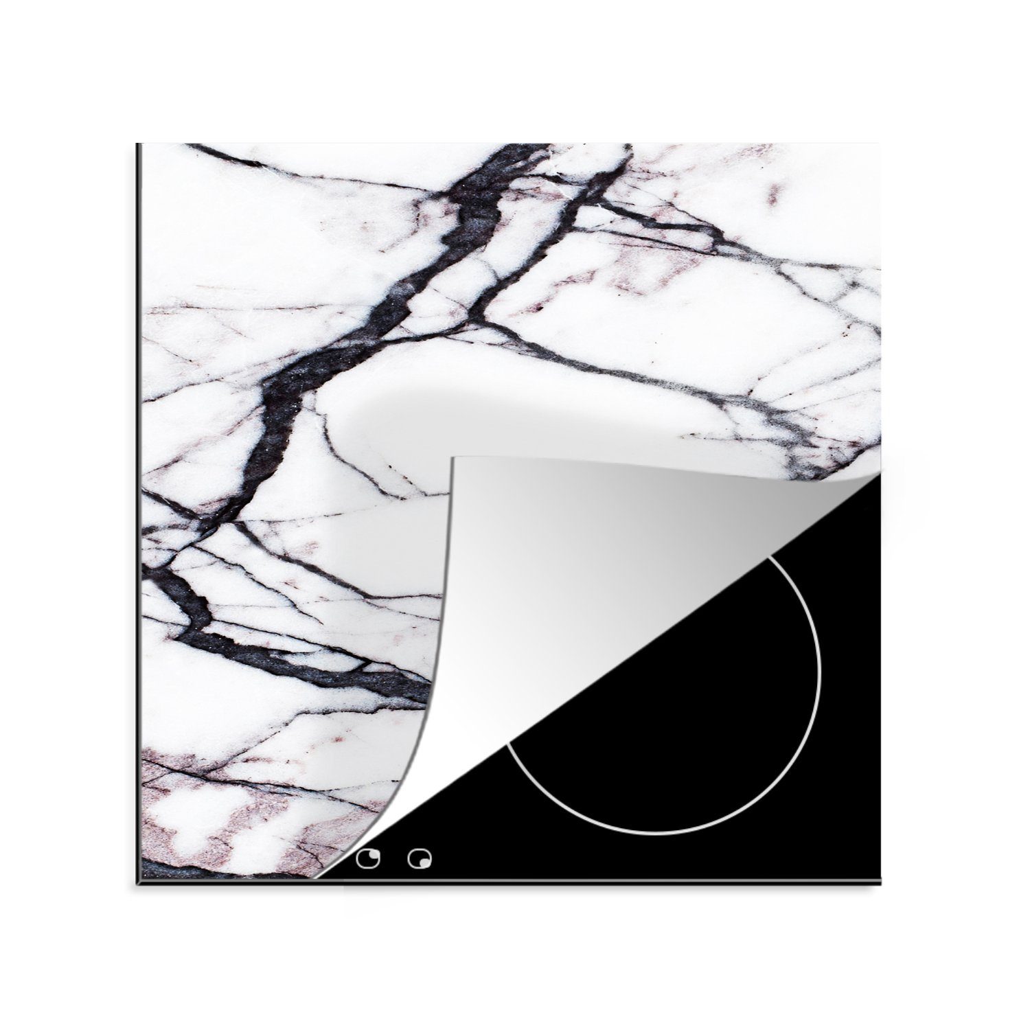 MuchoWow Herdblende-/Abdeckplatte Marmor - Weiß - Schwarz, Vinyl, (1 tlg), 78x78 cm, Ceranfeldabdeckung, Arbeitsplatte für küche