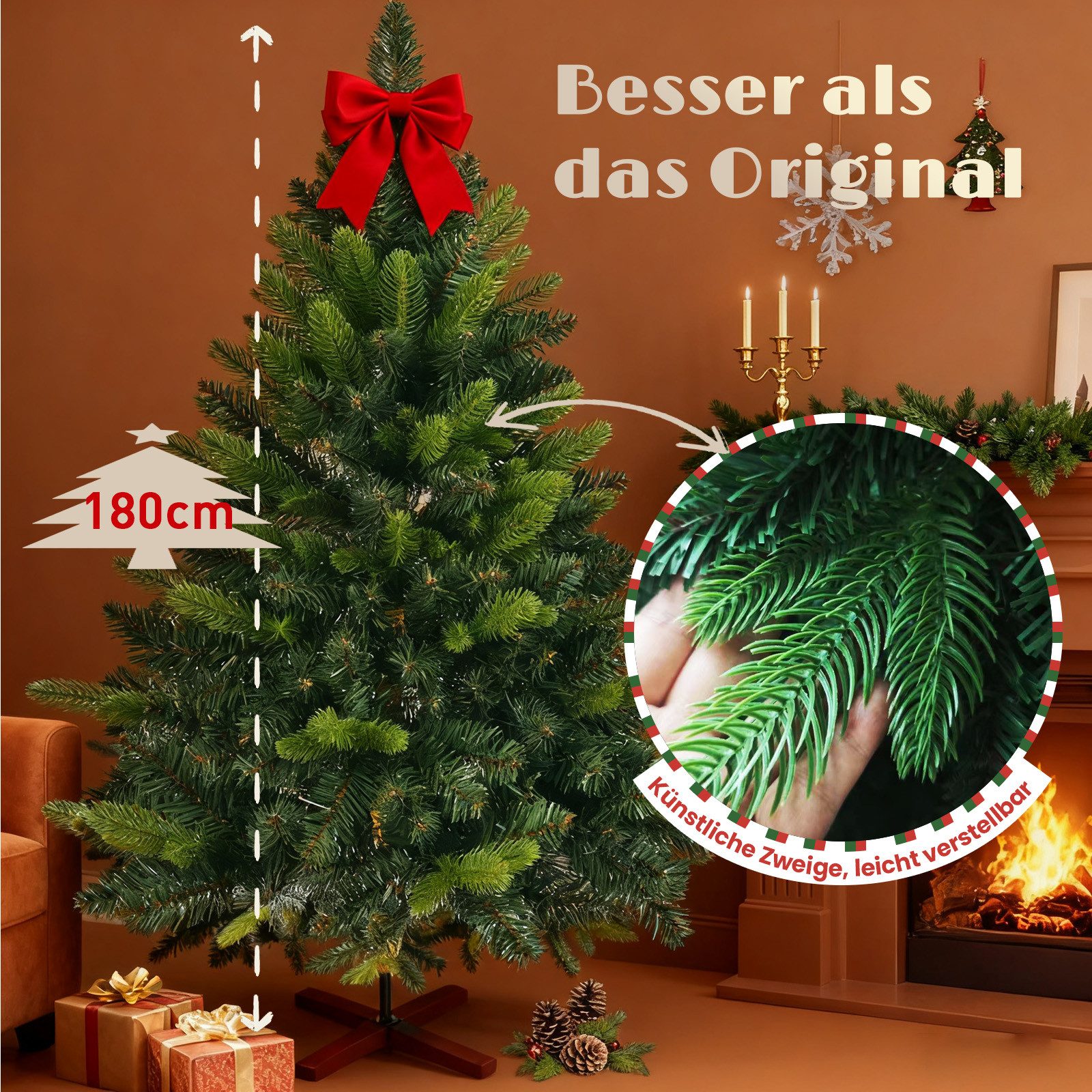 Circlio Künstlicher Weihnachtsbaum 180 cm Weihnachtsbaum mit 1152 Spitzen, PE/PVC Tannenbaum, Christbaum mit Holzständer, schwer entflammbar & wiederverwendbar – Bild 2 von 5