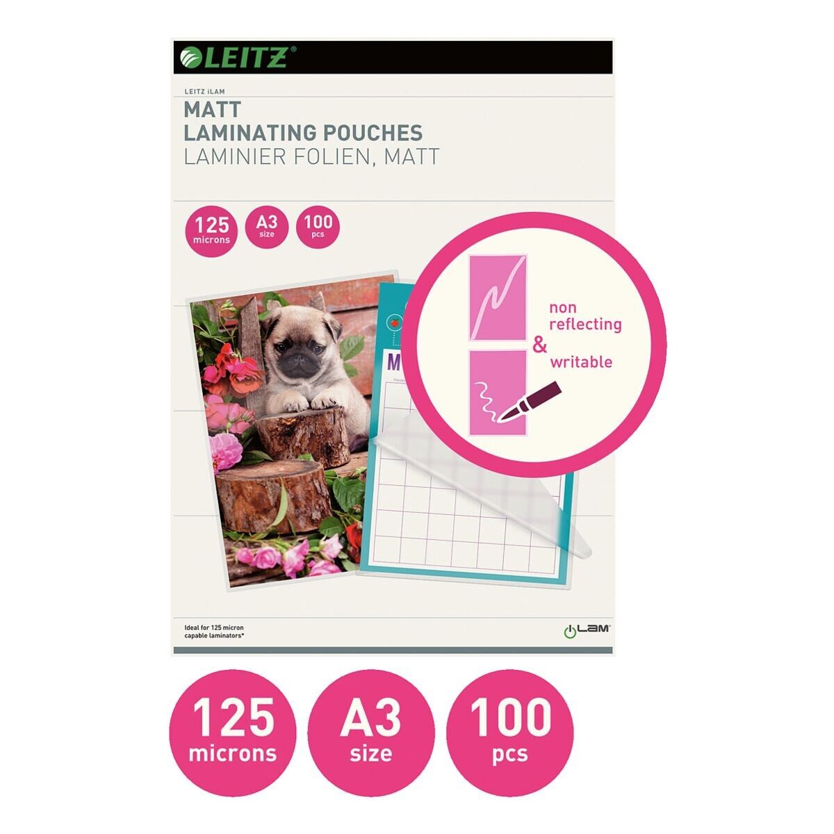 LEITZ Laminierfolie iLAM, A3, 125 µm, 100 St., A3, 125 mic, matt, beschriftbar