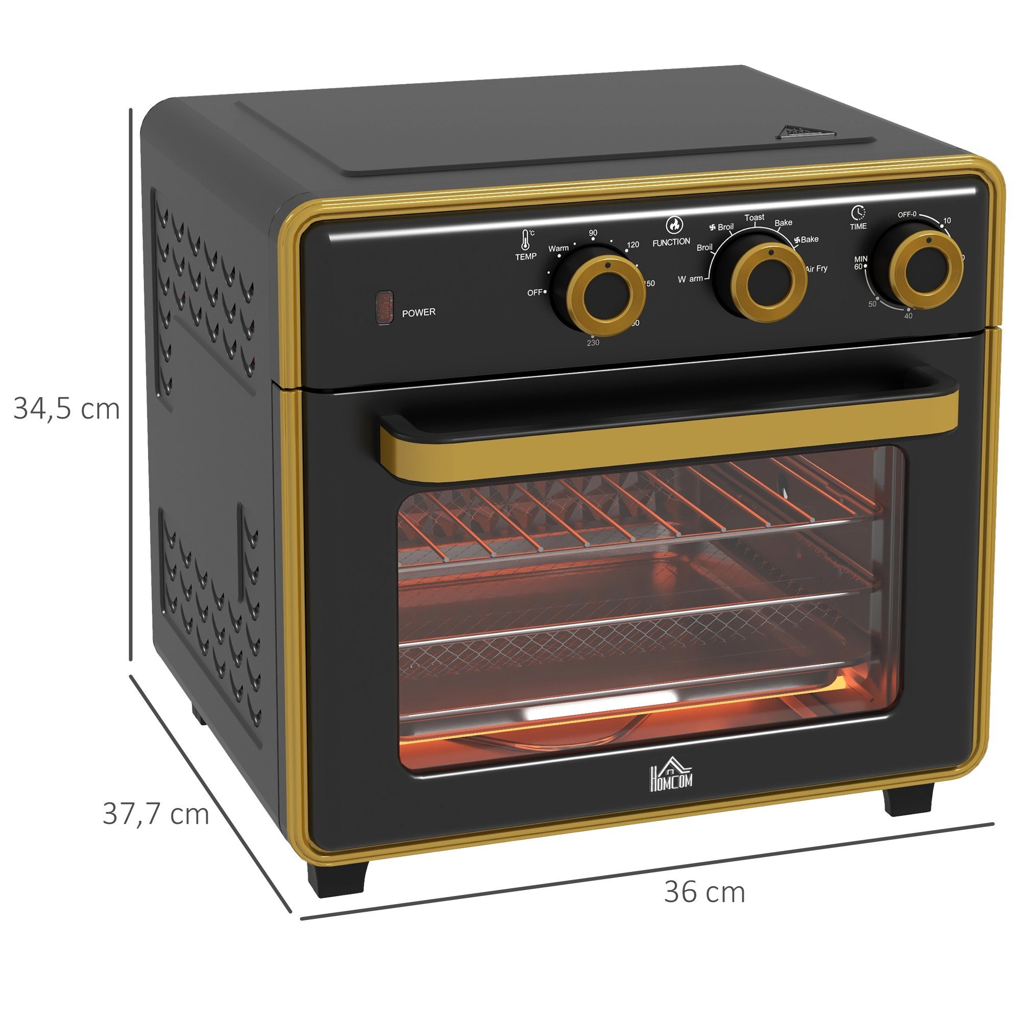 HOMCOM Minibackofen 5 in 1 Pizza-Ofen inkl. Backblech Set, 90-230℃, Schwarz+Gold 36 x 37,7 x 34,5 cm