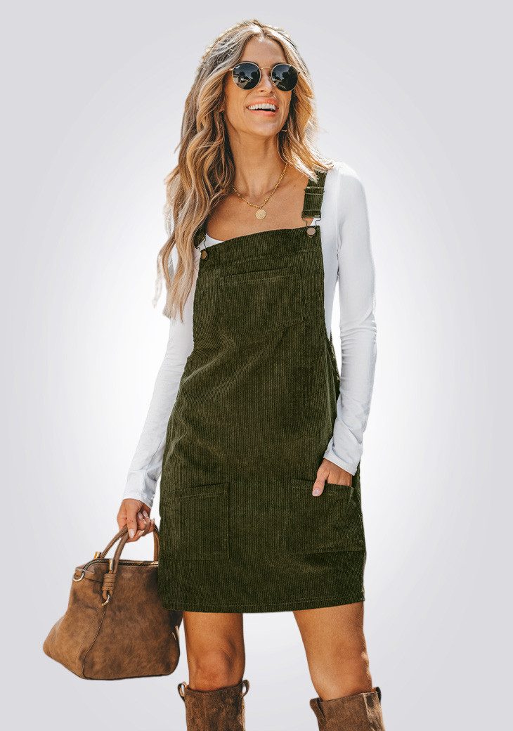 Minikleid Corduroy-Fronttasche mit V-Ausschnitt