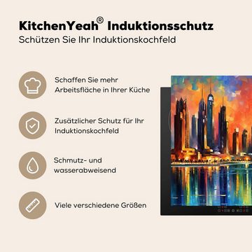 MuchoWow Herdblende-/Abdeckplatte Weltstadt - Dubai - Sonnenuntergang - Architektur, Vinyl, (1 tlg), 58x51 cm, Küchen Dekoration für Induktionsherd, Induktionskochfeld