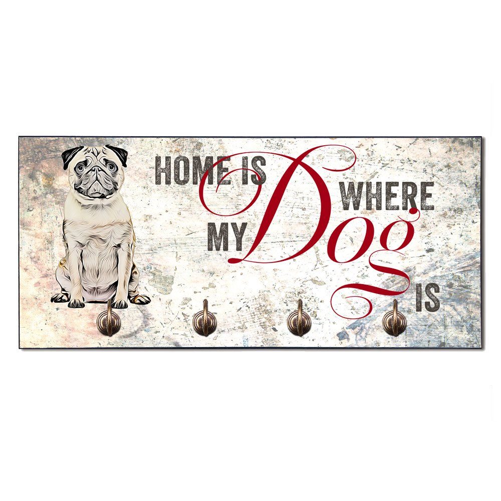 Cadouri Wandgarderobe MOPS Hundegarderobe - Wandboard für Hundezubehör (Garderobe mit 4 Haken), MDF, mit abgeschrägten Ecken, handgefertigt, für Hundebesitzer