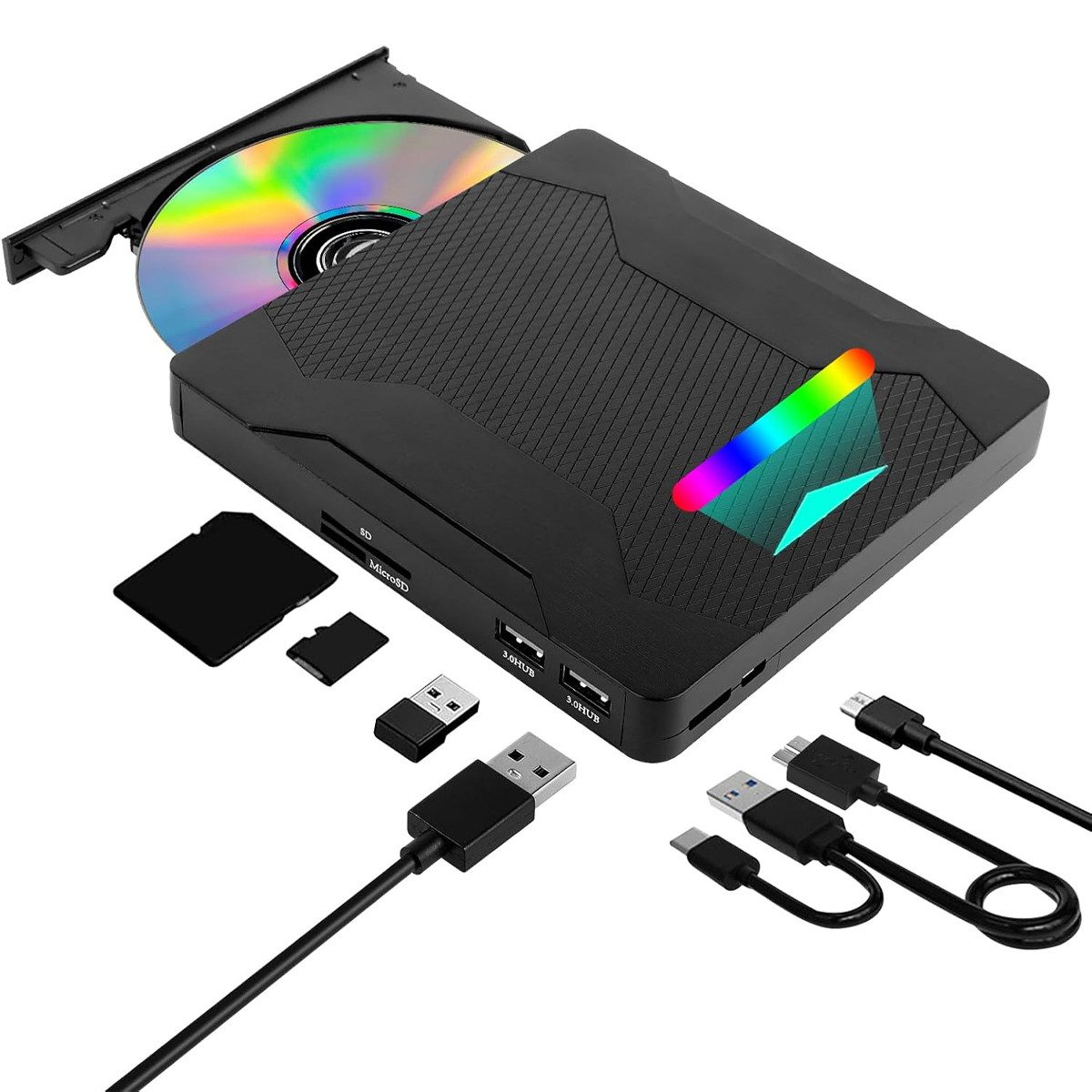 KINSI USB DVD Laufwerk, Externer DVD Brenner mit Typ-C und RGB Licht DVD-Brenner (DVD 8x/CD 24x, 5-in-1 Design mit SD TF Kartenleser,ideal für Laptop und Notebook)