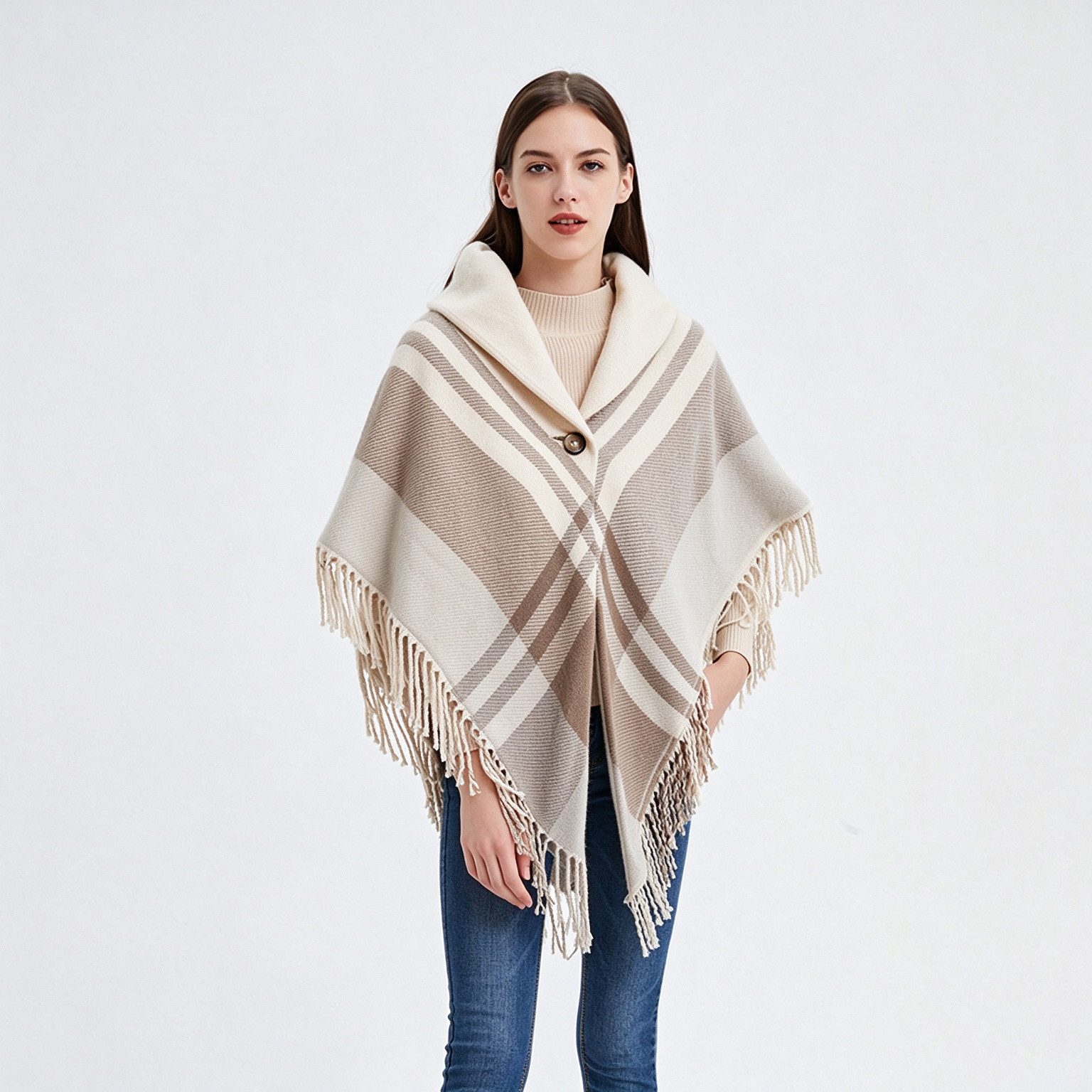 Fyrove Poncho Damen Poncho mit Karomuster, Fransen, Cape Schal weich und vielseitig Poncho Angenehm wärmend, ideal für Herbst, Winter und Übergangszeit