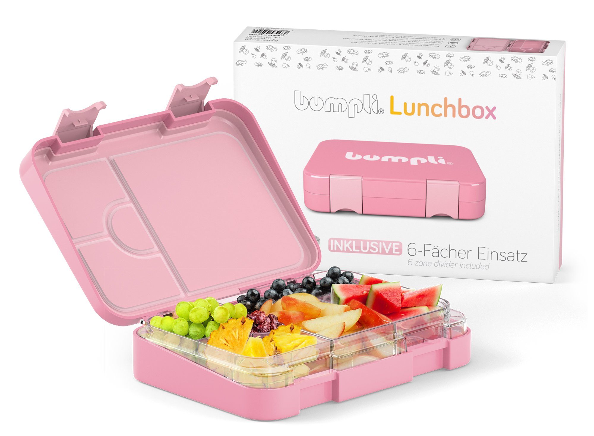 BPA-frei- Verriegelung Auslaufsicher Brotdose Tritan, & Fächer) Vesperdose, rosa bumpli® Brotbüchse, (6 Lunchbox Kinder Kinderfreundliche