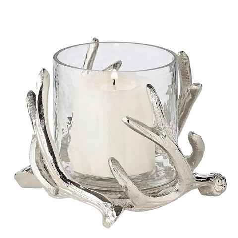 EDZARD Windlicht Kingston, Kerzenhalter im Geweih-Design für Stumpenkerzen, Kerzenleuchter mit Silber-Optik, Höhe 10 cm, Ø 11