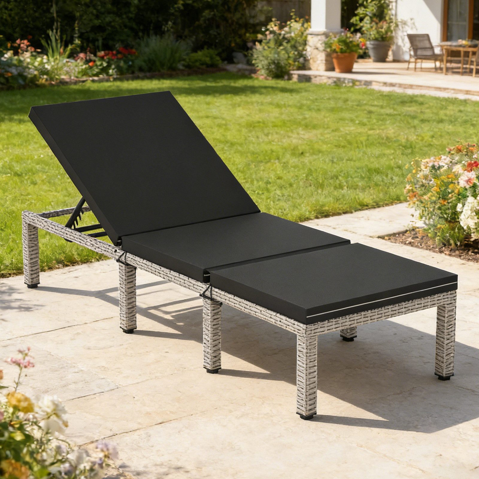 Huracan Gartenliege Sonnenliege mit 5-Fach höhenverstellbarer Rückenlehne, Gartenliege Daybed Outdoor mit Bequemer Polsterauflage, 1 St., Relaxliege Rattan Polyrattan für Innen und Außen Balkonliege