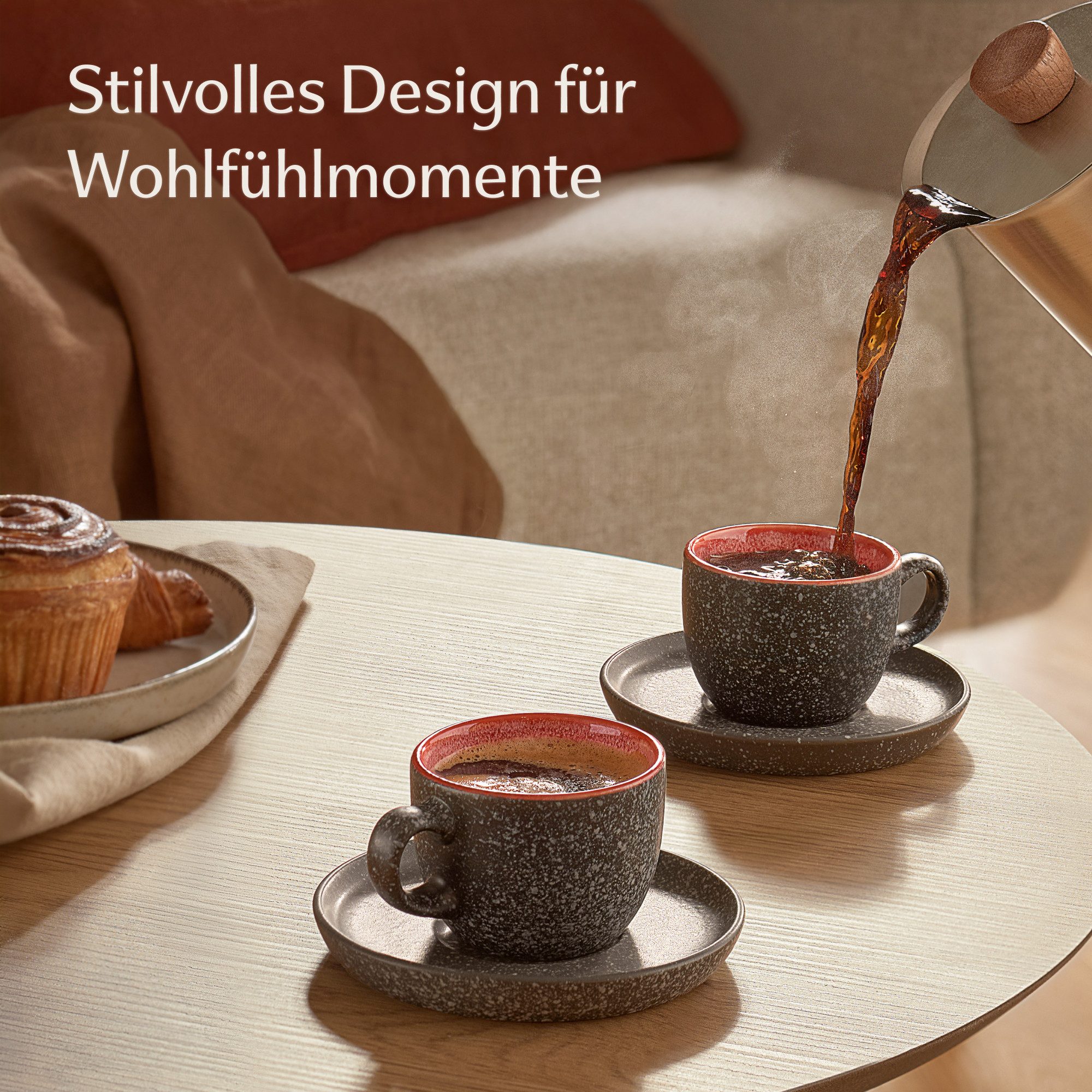Cosumy Cappuccinotasse Espressotassen mit Untertassen 4er Set - 90 ml Keramik rot, 8-tlg., Keramik, Warm