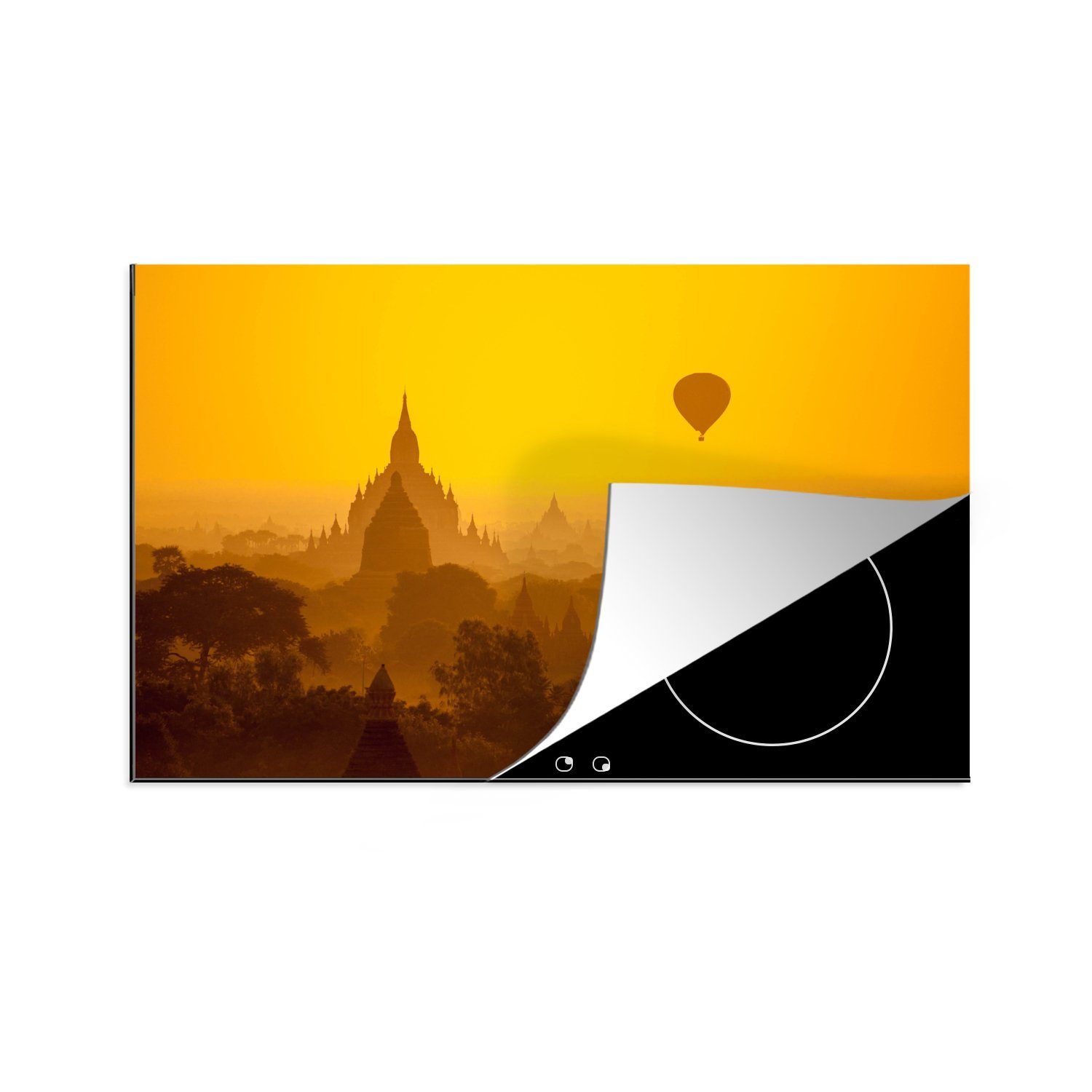 MuchoWow Herdblende-/Abdeckplatte Oranger Sonnenuntergang in Bagan in Myanmar, Vinyl, (1 tlg), 81x52 cm, Induktionskochfeld Schutz für die küche, Ceranfeldabdeckung