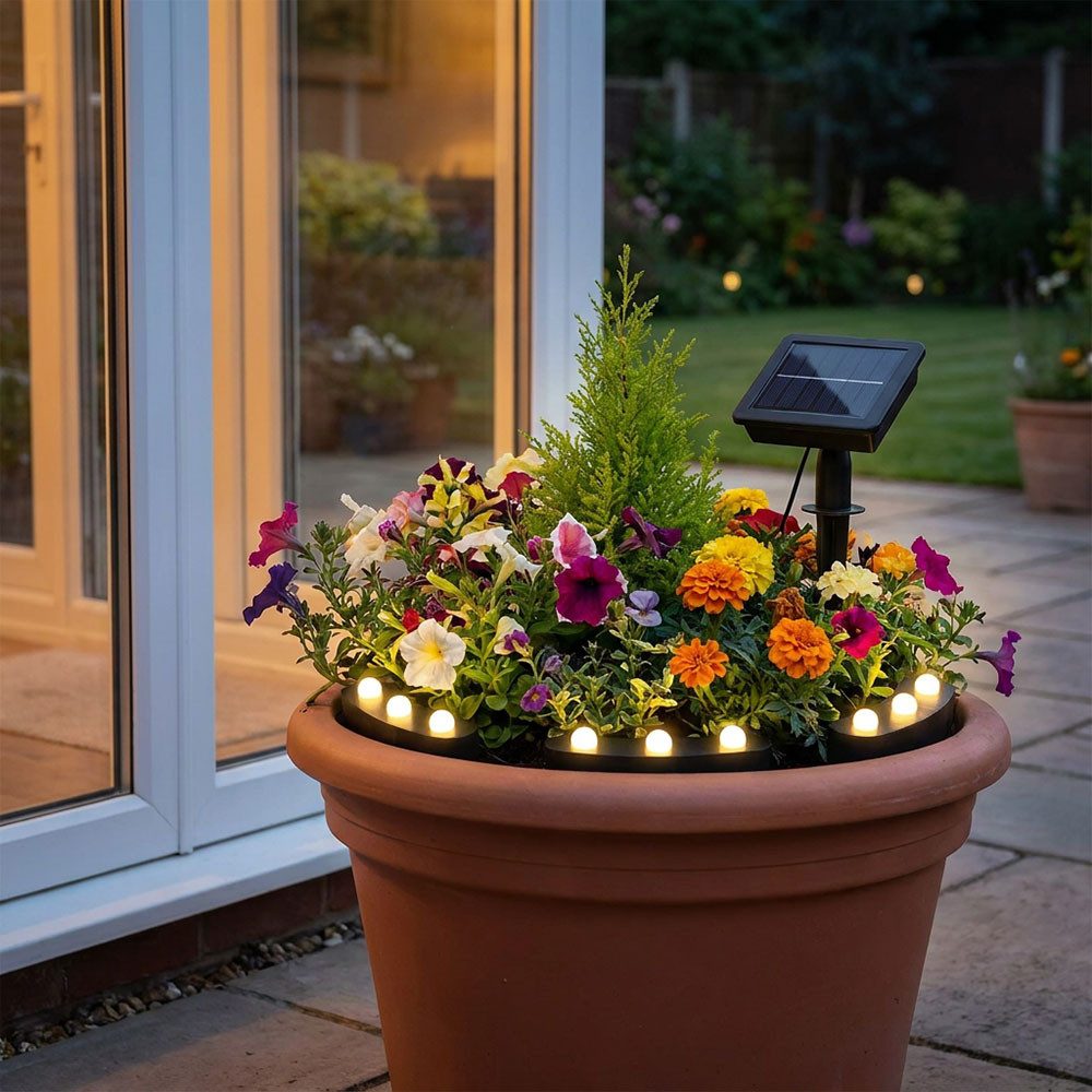 Harms Import LED Solarleuchte, Warmweiß, LED Solar Stecklampe Blumentopfleuchte schwarz IP44 Erdspieß