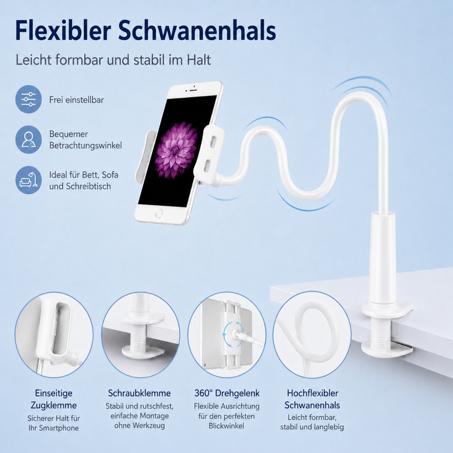 Fyrove Handy-Halterung Flexibler Schwanenhals Handyhalter mit Klemme, (360° drehbar Gooseneck Halterung für Bett & Schreibtisch, Praktisches Geschenk zum Geburt – Bild 5 von 5