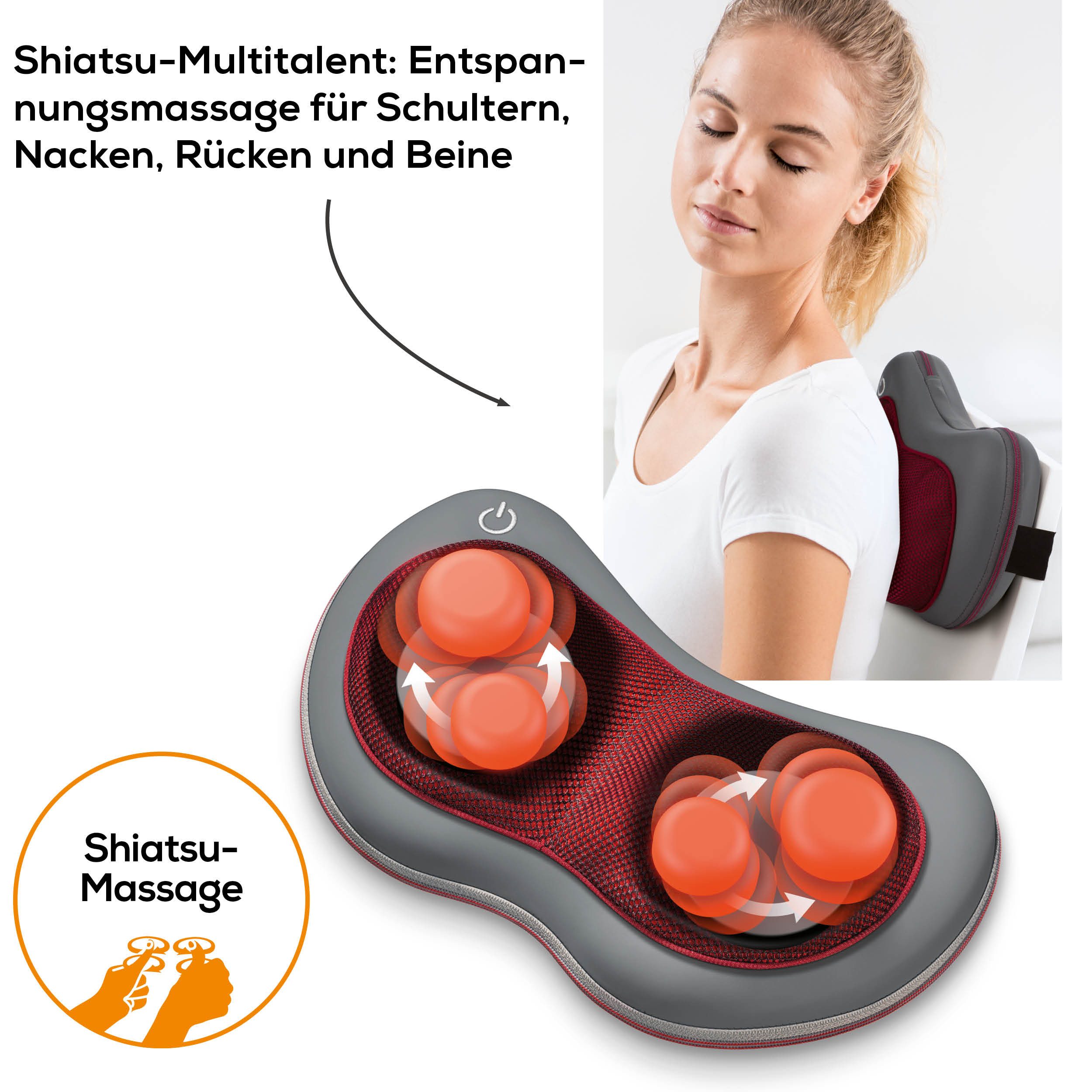 BEURER Shiatsu-Massagekissen MG 149 für wohltuende Shiatsu-Massagen mit 4 Massageköpfen, Mit Licht- und Wärmefunktion, waschbarer Bezug bei 30°C