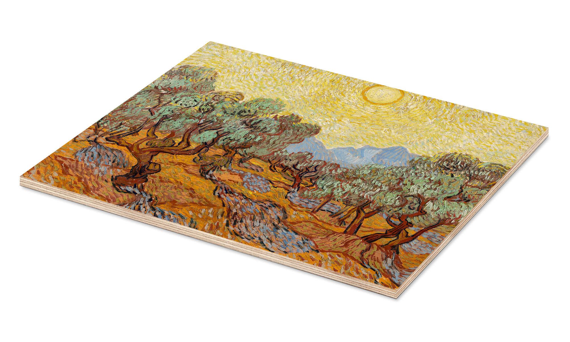 Posterlounge Wandbild Olivenbäume mit gelbem Himmel und Sonne, Vincent van Gogh, erhältlich als Poster, Leinwandbild, Wandsticker oder Acrylglasbild