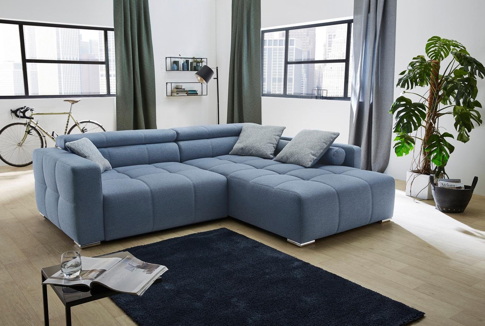 Jockenhöfer Big-Sofa-Style, blau mit und Gruppe Zierkissen Ecksofa bzw. Rückenteilverstellung Salerno, im Kopf-