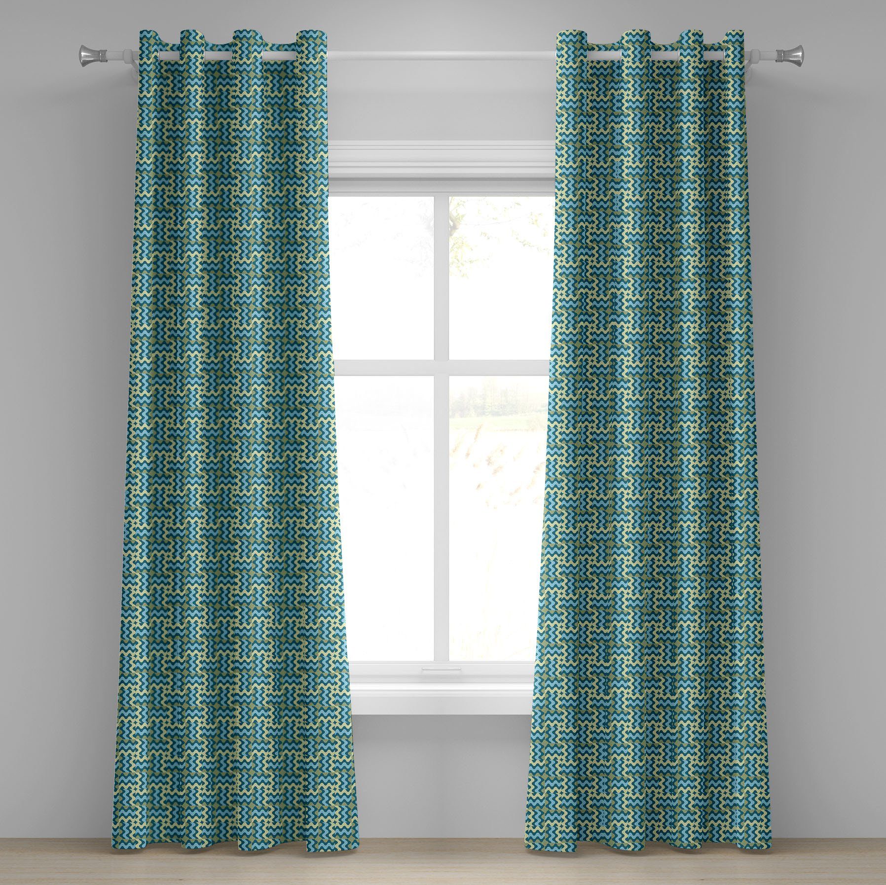 Wohnzimmer, gewellte Schlafzimmer Gardine 2-Panel-Fenstervorhänge für Vintage Linien Abstrakt Dekorative Abakuhaus,