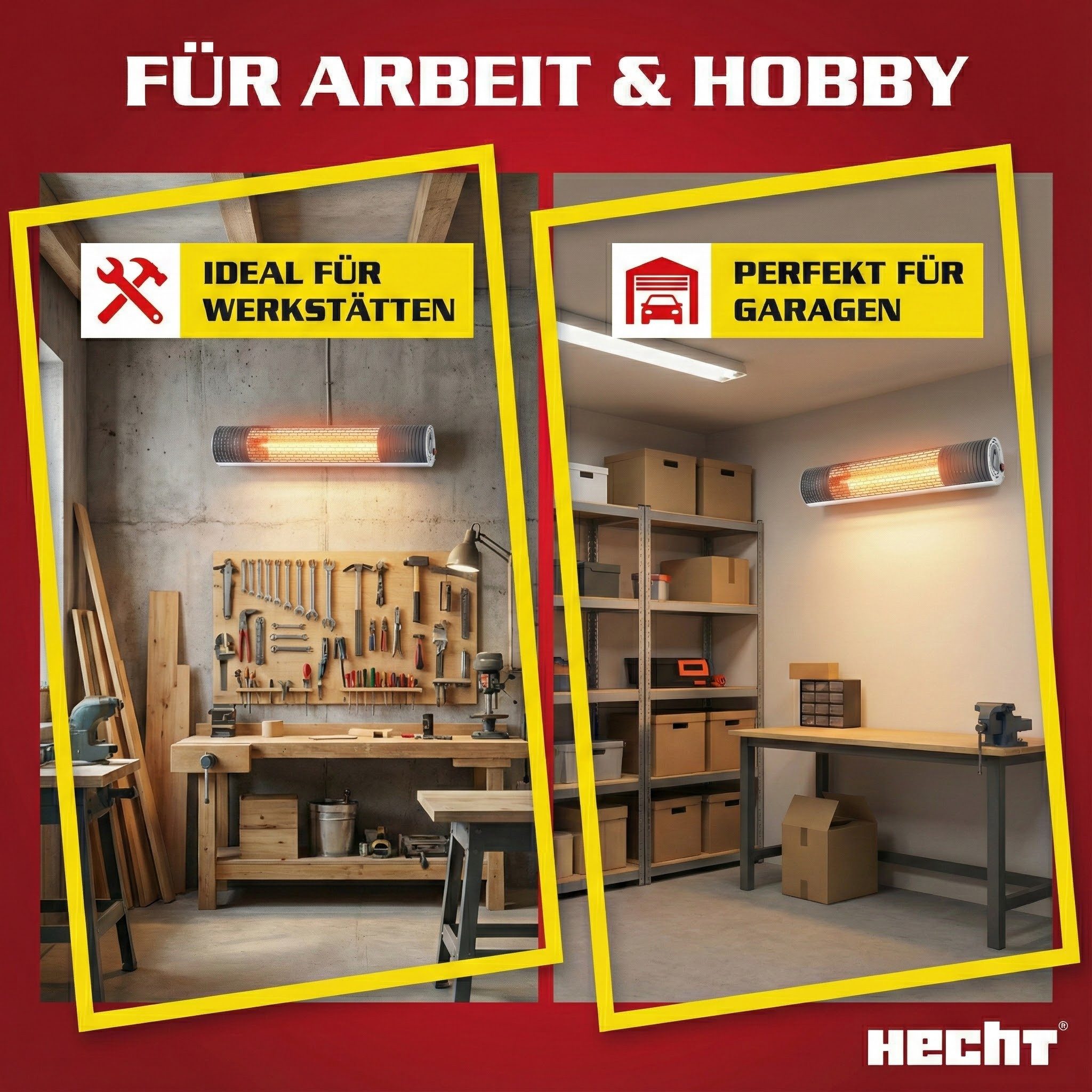 Hecht Heizstrahler Infrarot mit Fernbedienung, Aufhängungsmaterial, 16-26 m³, 2000W, Timerfunktion, 220 - 240 V / 50 Hz