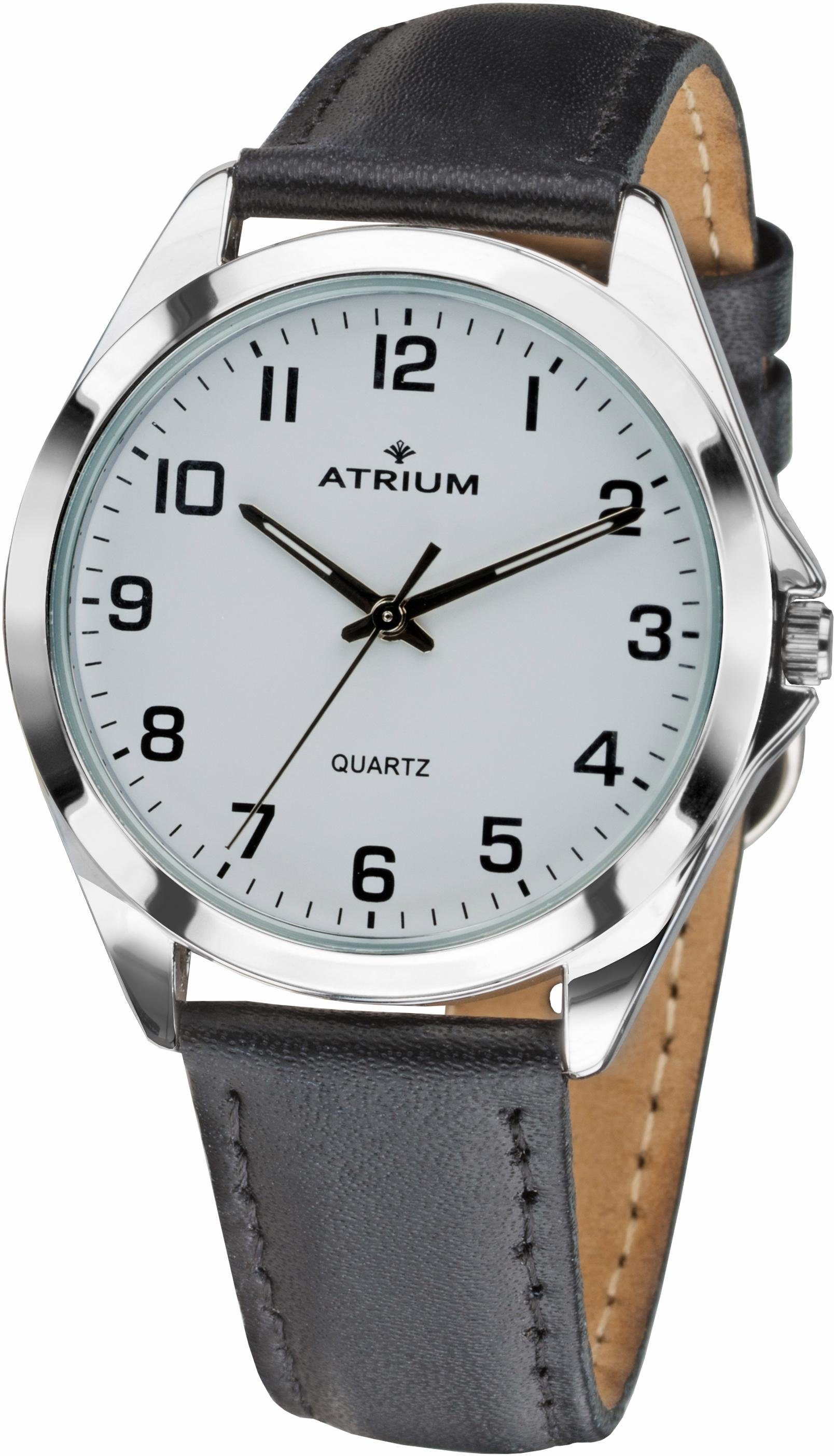 Atrium Quarzuhr A10-10, Armbanduhr, Herrenuhr, Damenuhr, Leuchtzeiger, Lederarmband