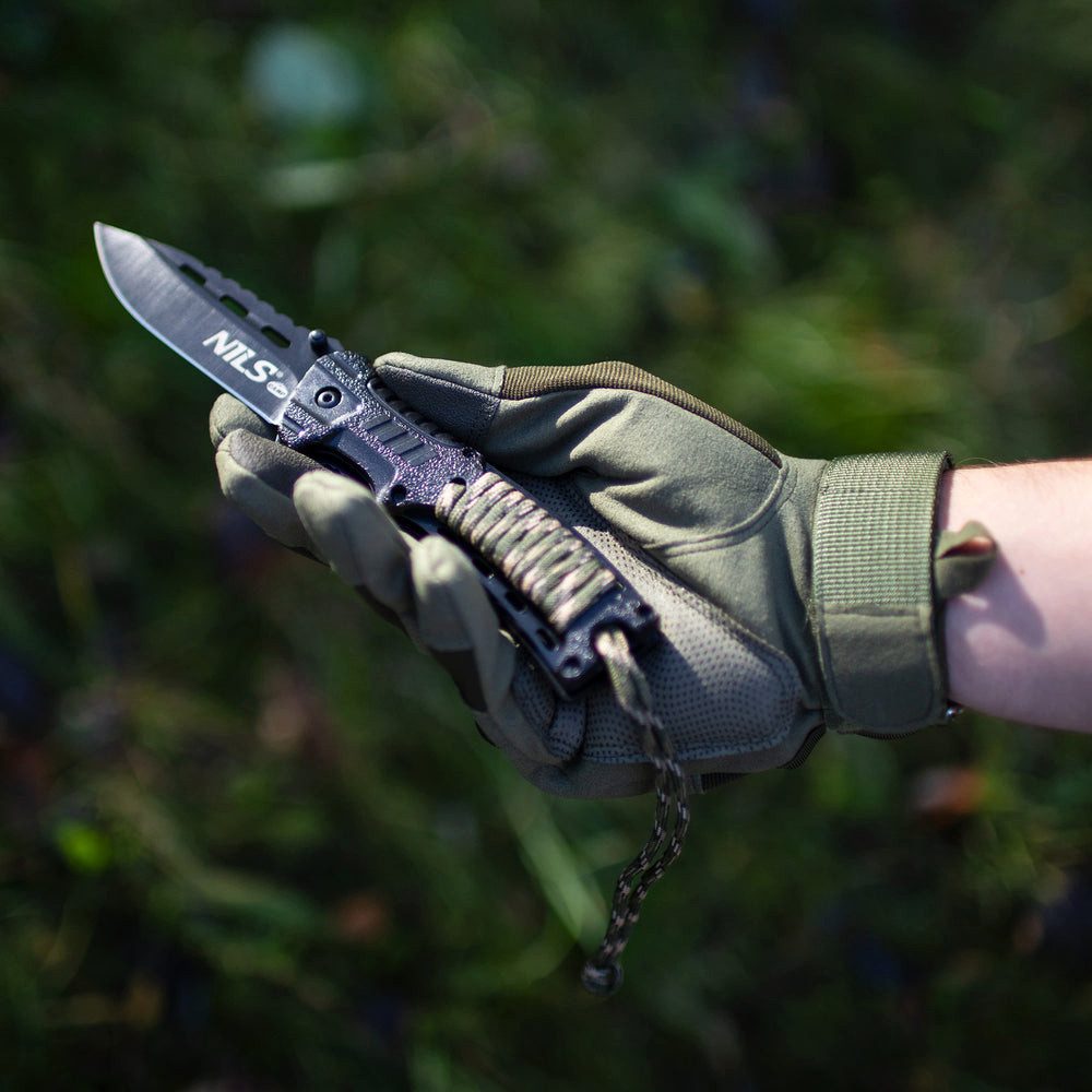 NILS CAMP Fahrtenmesser Klappmesser Outdoormesser Survivalmesser, (Spar-Set, 1 St., 21 cm handlich), Liner Lock, Paracord, Feuerstein, Pfeife, Gürtelclip