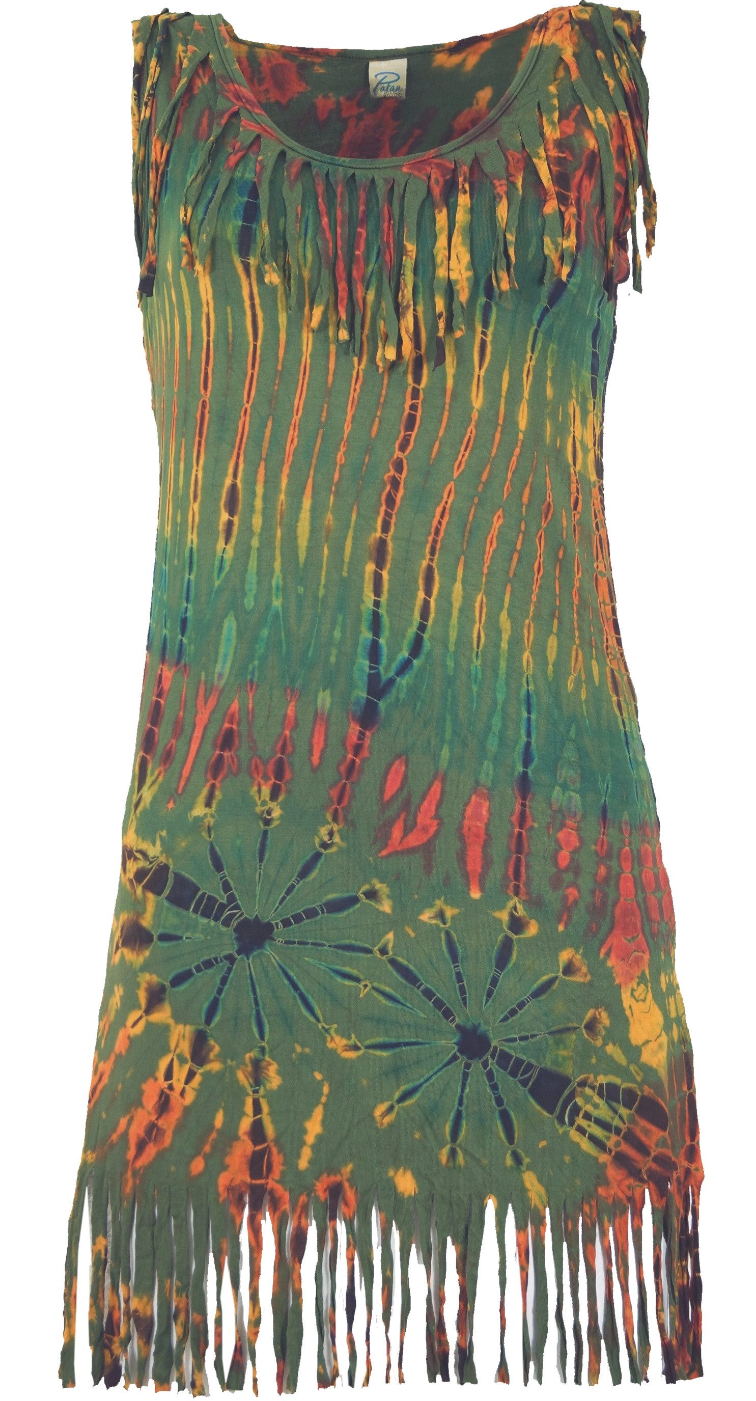 Guru-Shop Midikleid Batik Minikleid, Unikat Boho Fransenkleid - olive alternative Bekleidung