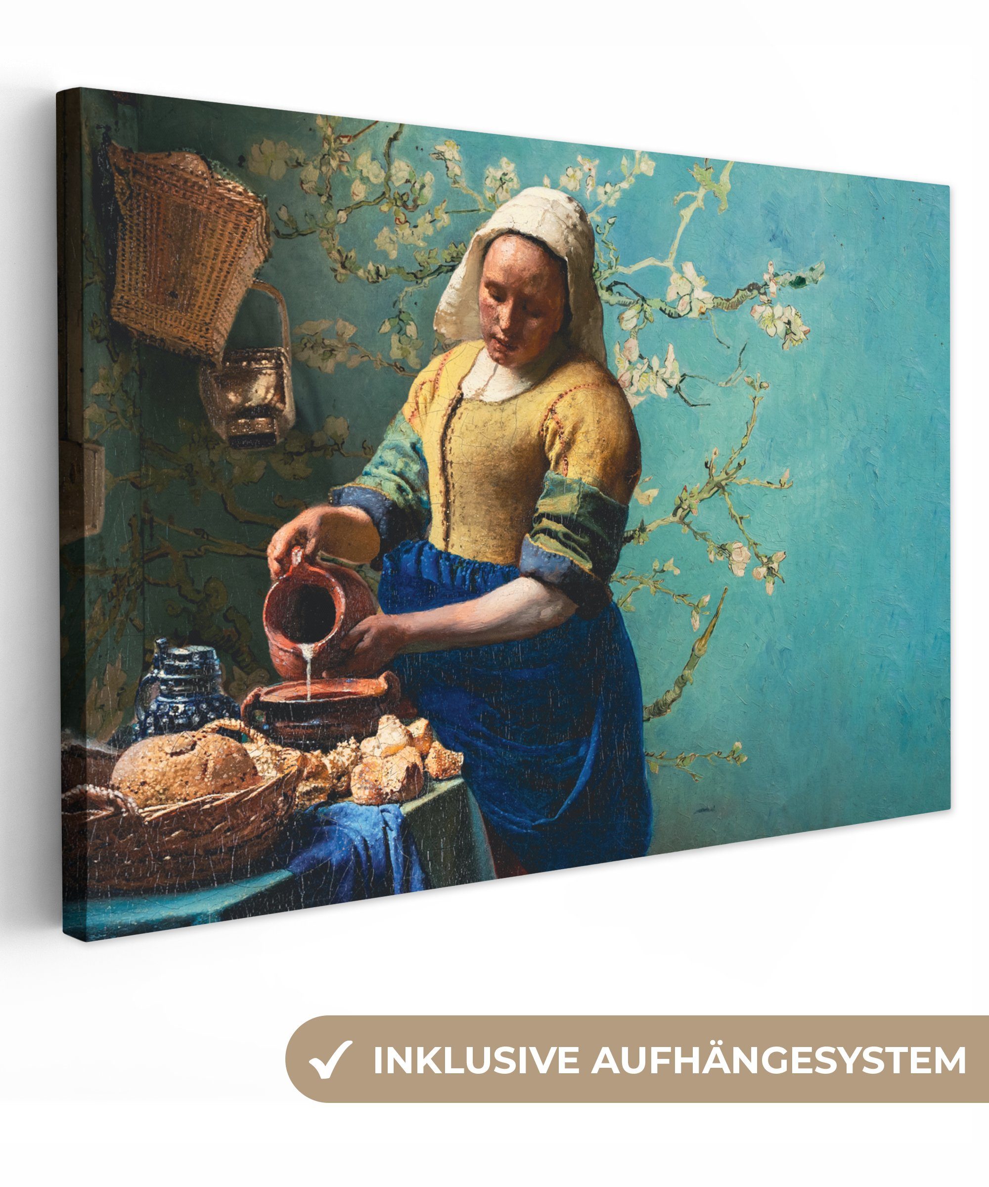 OneMillionCanvasses® Gemälde Milchmädchen - Mandelblüte - Van Gogh - Vermeer - Gemälde - Alte, (1 St), Wandbild Leinwandbilder, Aufhängefertig, Wanddeko, 30x20 cm