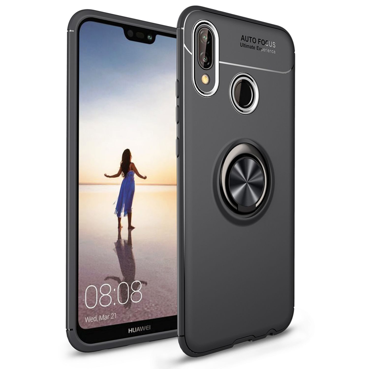 Nalia Smartphone-Hülle Huawei P20 Lite 14,7 cm (5,8 Zoll), Matte Ring Silikon Hülle / 360 Grad Ring / Standfunktion / Rutschfest