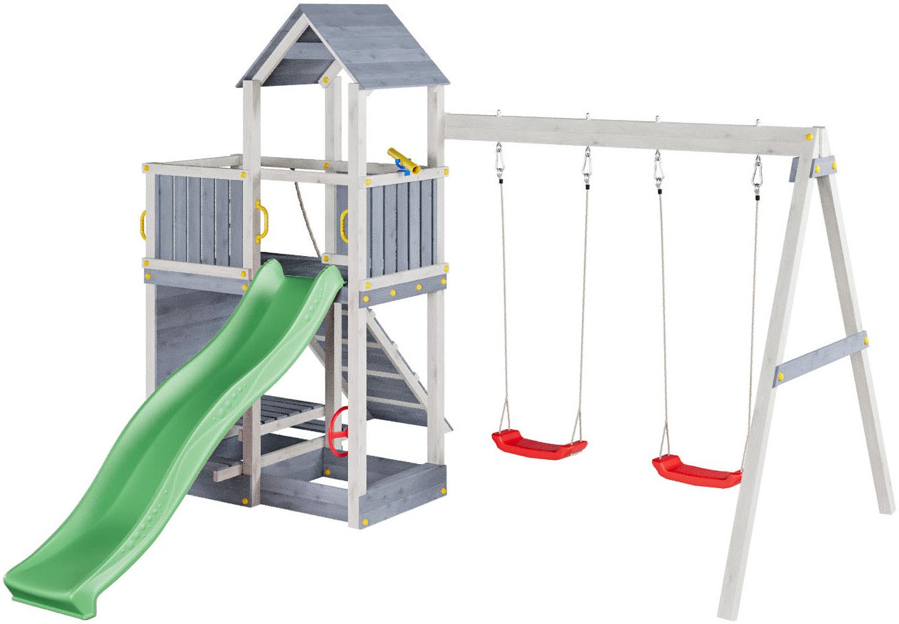 FUNGOO Spielturm FLOPPI, mit Rutsche, Doppelschaukel, Kletterwand, Teleskop, Lenkrad