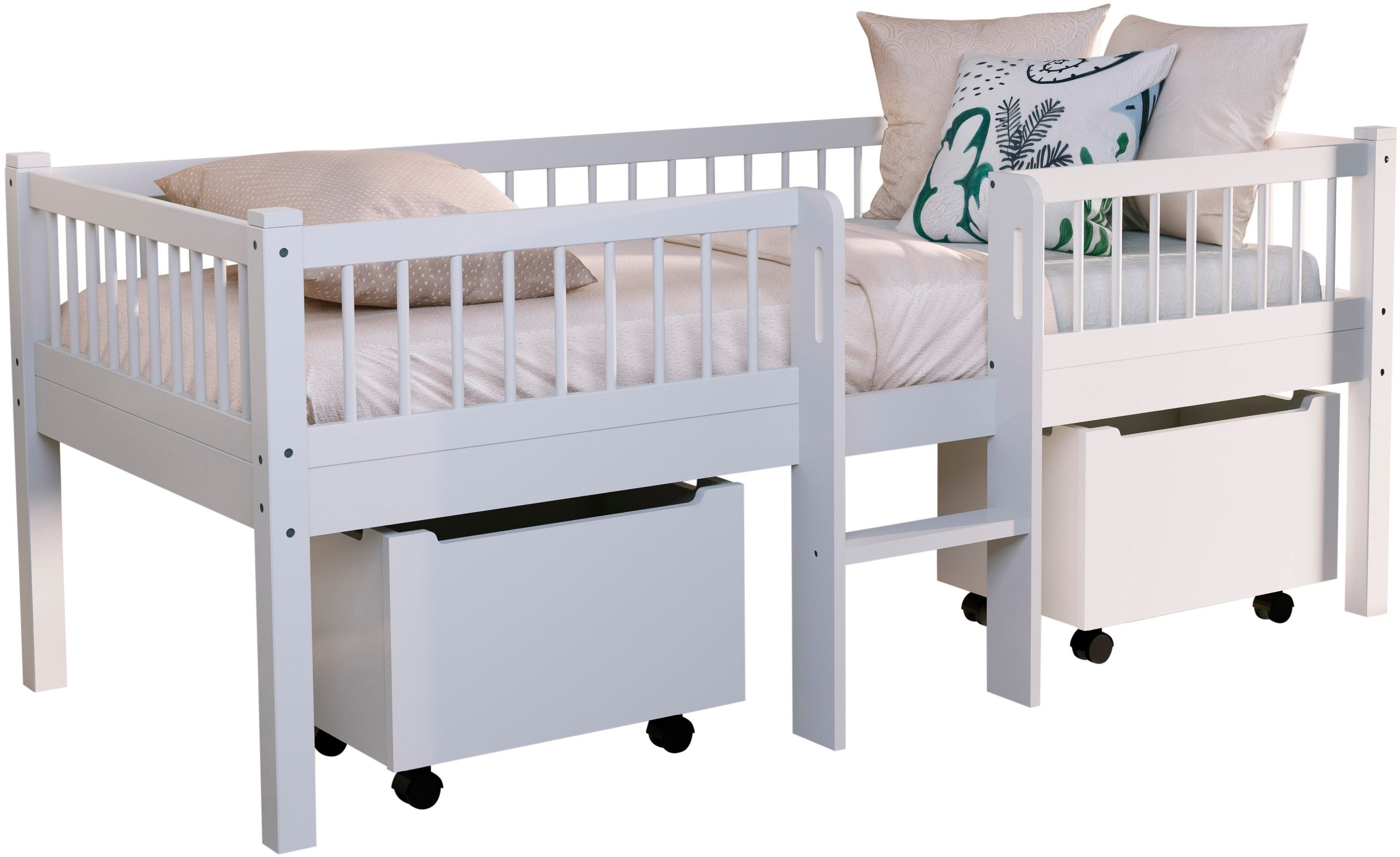 Vipack Massivholzbett Forrest Made in Europe, stabil und hochwertig gebaut, mit 2 Rollboxen (90/200 cm, mit Rollrost und Leiter, seitenverkehrt montierbar), inkl. umlaufenden Absturzschutz in Sprossenoptik, Buche weiß lackiert