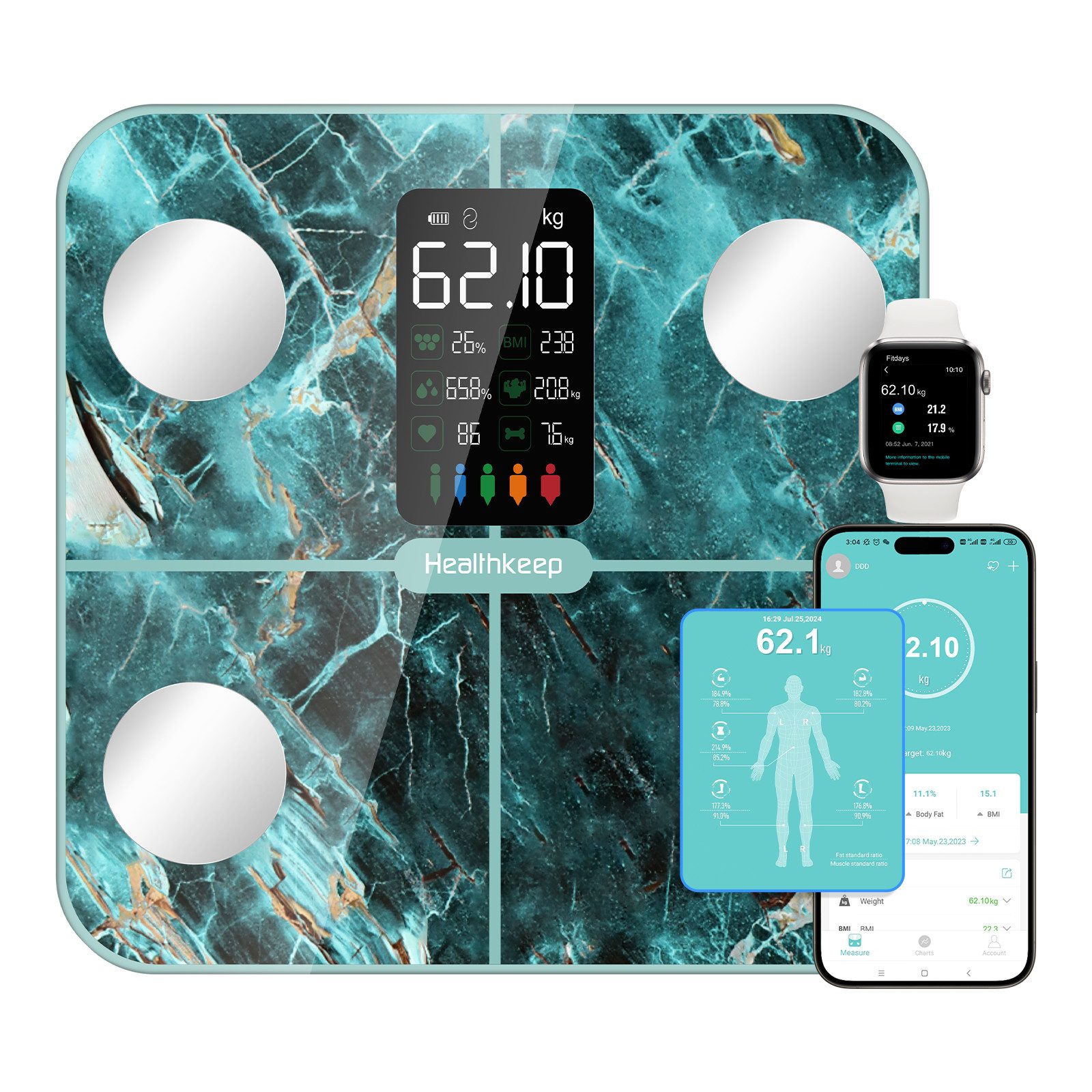 Healthkeep Körper-Analyse-Waage Intelligente Körperanalysewaage 15 Körperdaten mit großem VA-Display, Digitale Waage Impedanzmessung Bluetooth, App für Android und iOS Max. 180kg/400lb/28st