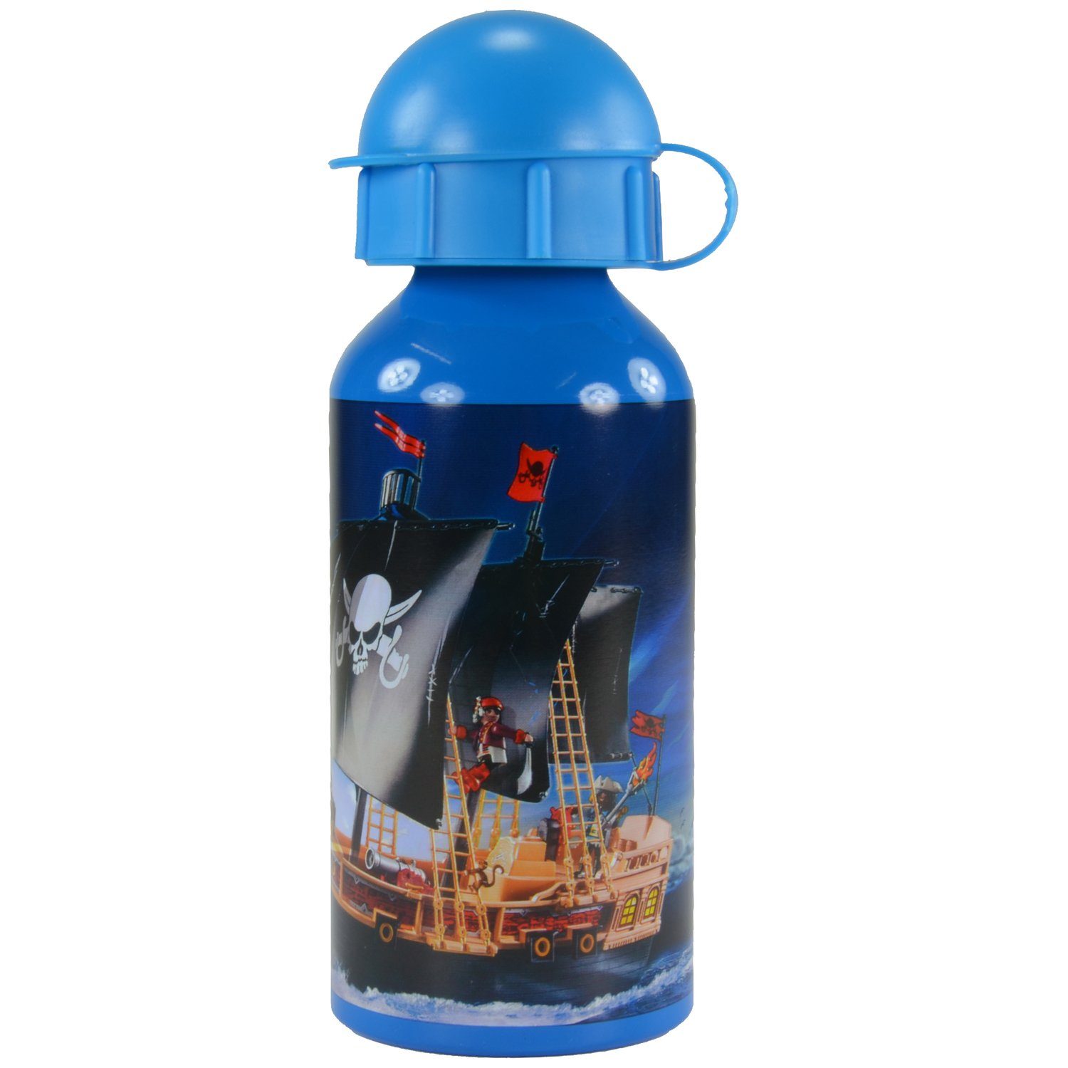 United Labels® Trinkflasche Playmobil Trinkflasche für Kinder - Piraten Flasche Wasserflasche aus Aluminium 400 ml Blau