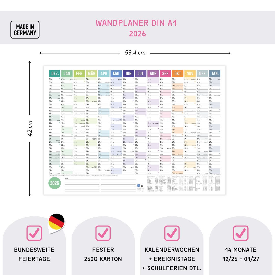 heaven+paper Jahresplaner A2 Wandplaner gerollt 2026 Rainbow Querformat, hochwertig, Hergestellt in Deutschland