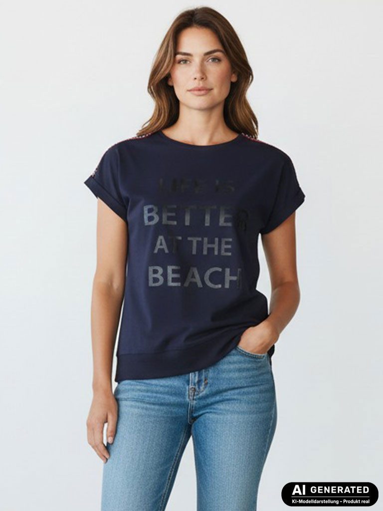 modAS T-Shirt 46115 Damen Kurzarmshirt mit Front-Print "Life is better at the Beach"