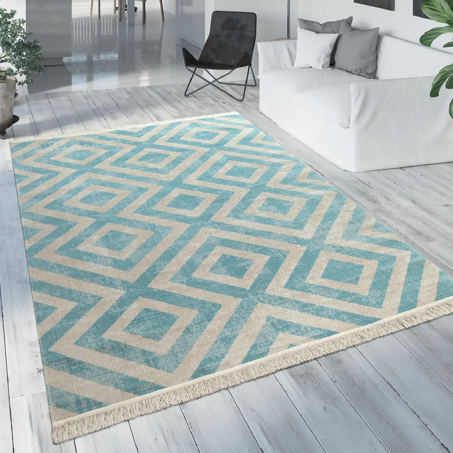KADIMA DESIGN Teppich Rauten Wohnzimmer schmutzabweisend Teppich Kurzflor, Rechteckig, Höhe: 6 mm, Florhöhe: 2 mm, 100% Polypropylen, Rechteckig, 60x100cm, Blau