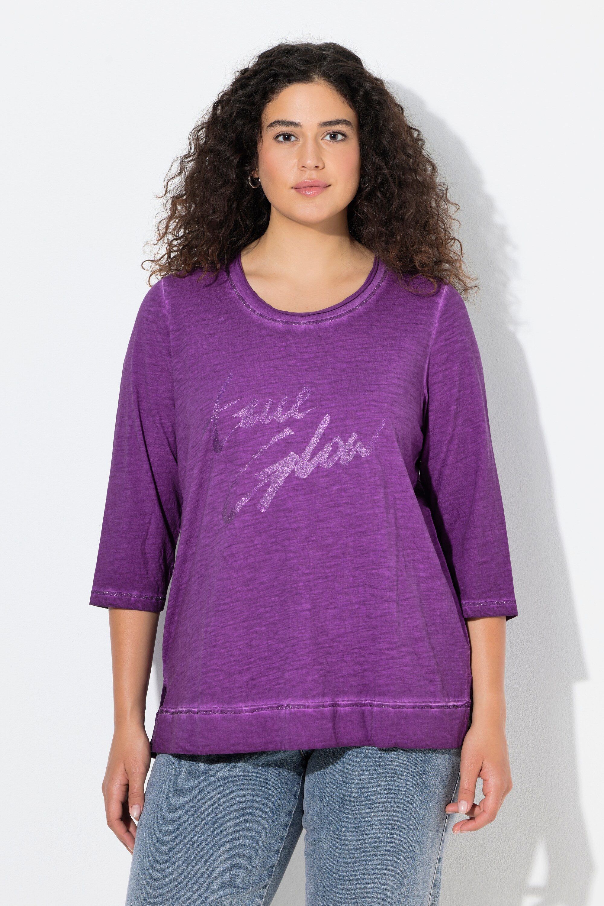 T-Shirt Shirt Glitzerdruck Classic Rundhals 3/4-Arm